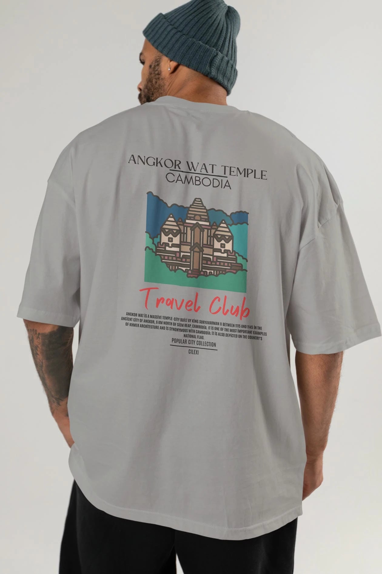Angkor Wat Temple Cambodia Arka Baskılı Oversize t-shirt Erkek Kadın Pamuk Bisiklet Yaka tişort