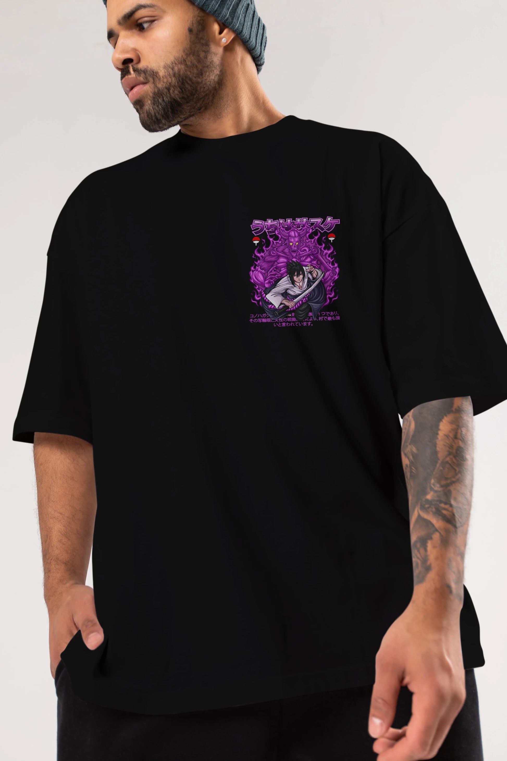 SASUKE UCHIHA NARUTO Ön Sol Baskılı Oversize t-shirt Erkek Kadın Unisex %100 Pamuk Bisiklet Yaka tişort
