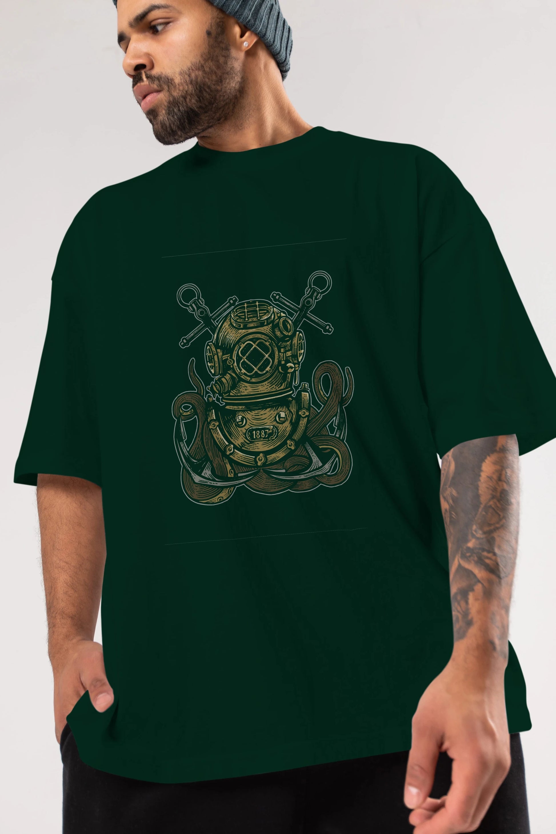 Diver Octopus Ön Baskılı Oversize t-shirt Erkek Kadın Unisex %100 Pamuk tişort