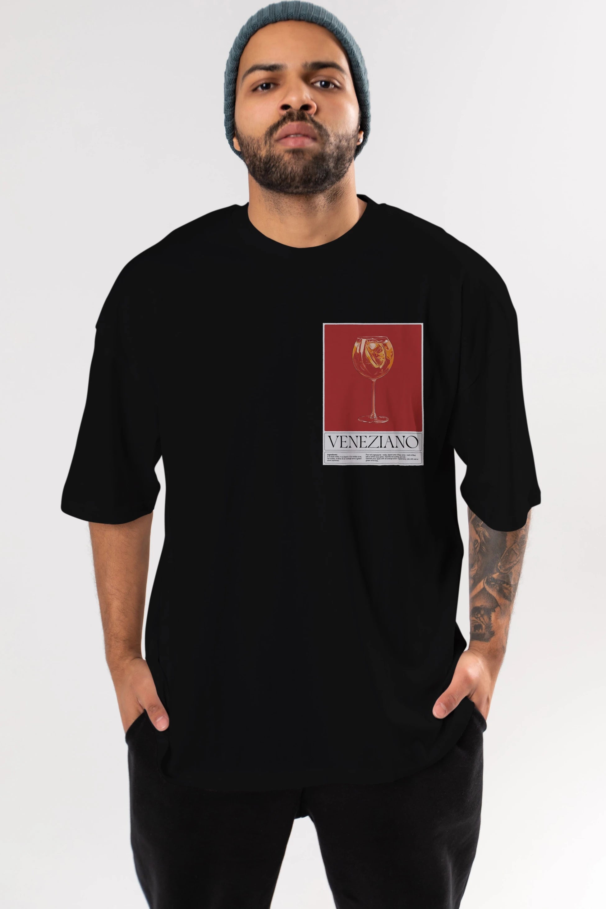 Veneziano Ön Sol Baskılı Oversize t-shirt Erkek Kadın Unisex %100 Pamuk Bisiklet Yaka tişort