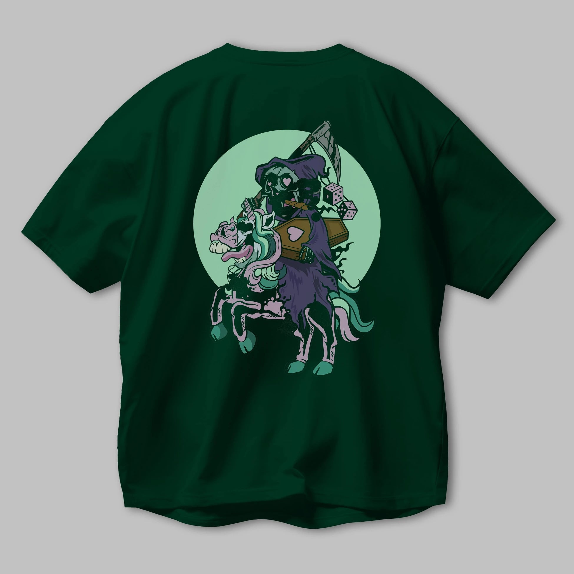 Grim Reaper Riding Unicorn Arka Baskılı Oversize t-shirt Erkek Kadın Unisex %100 Pamuk tişort