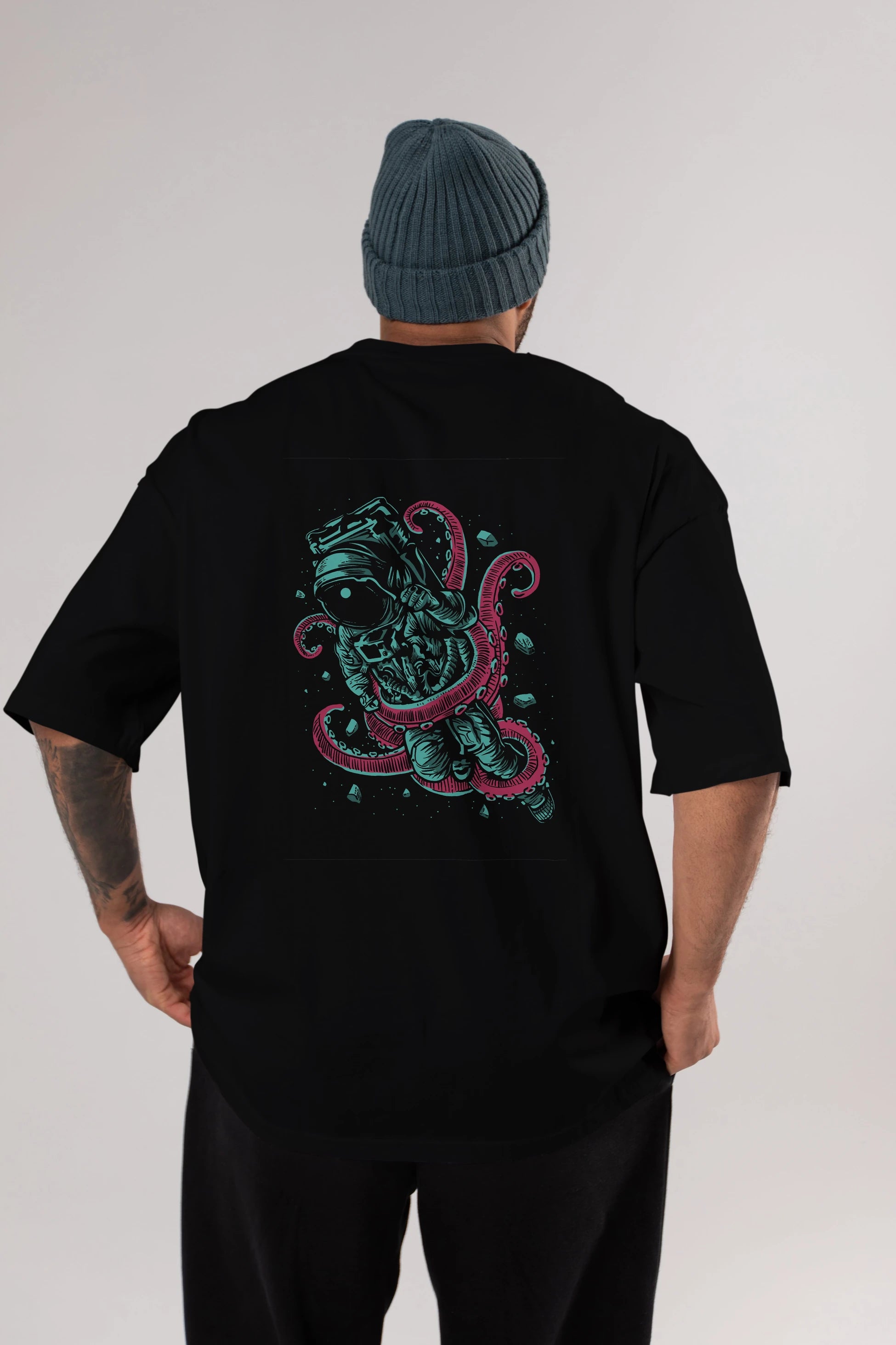 Astronaut Octopus Arka Baskılı Oversize t-shirt Erkek Kadın Unisex %100 Pamuk