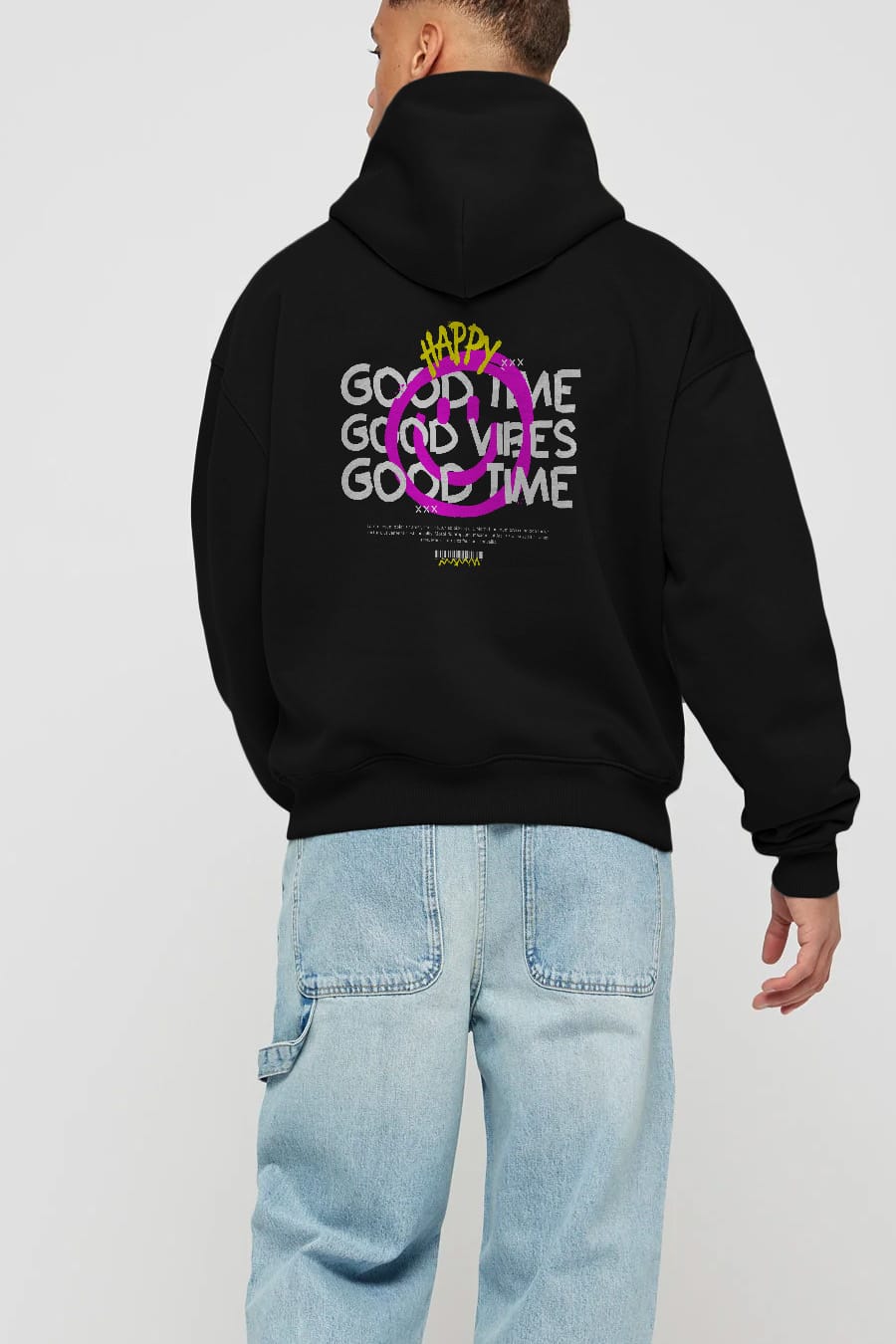 Happy Good Time Yazılı Arka Baskılı Oversize Hoodie Kapüşonlu Sweatshirt Erkek Kadın Unisex