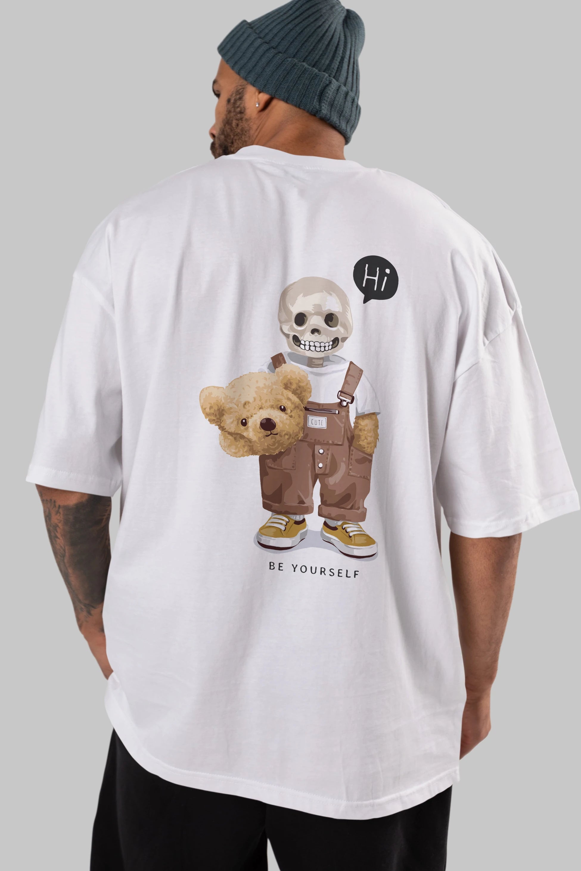 Teddy Bear hi Arka Baskılı Oversize t-shirt Erkek Kadın Unisex %100 Pamuk