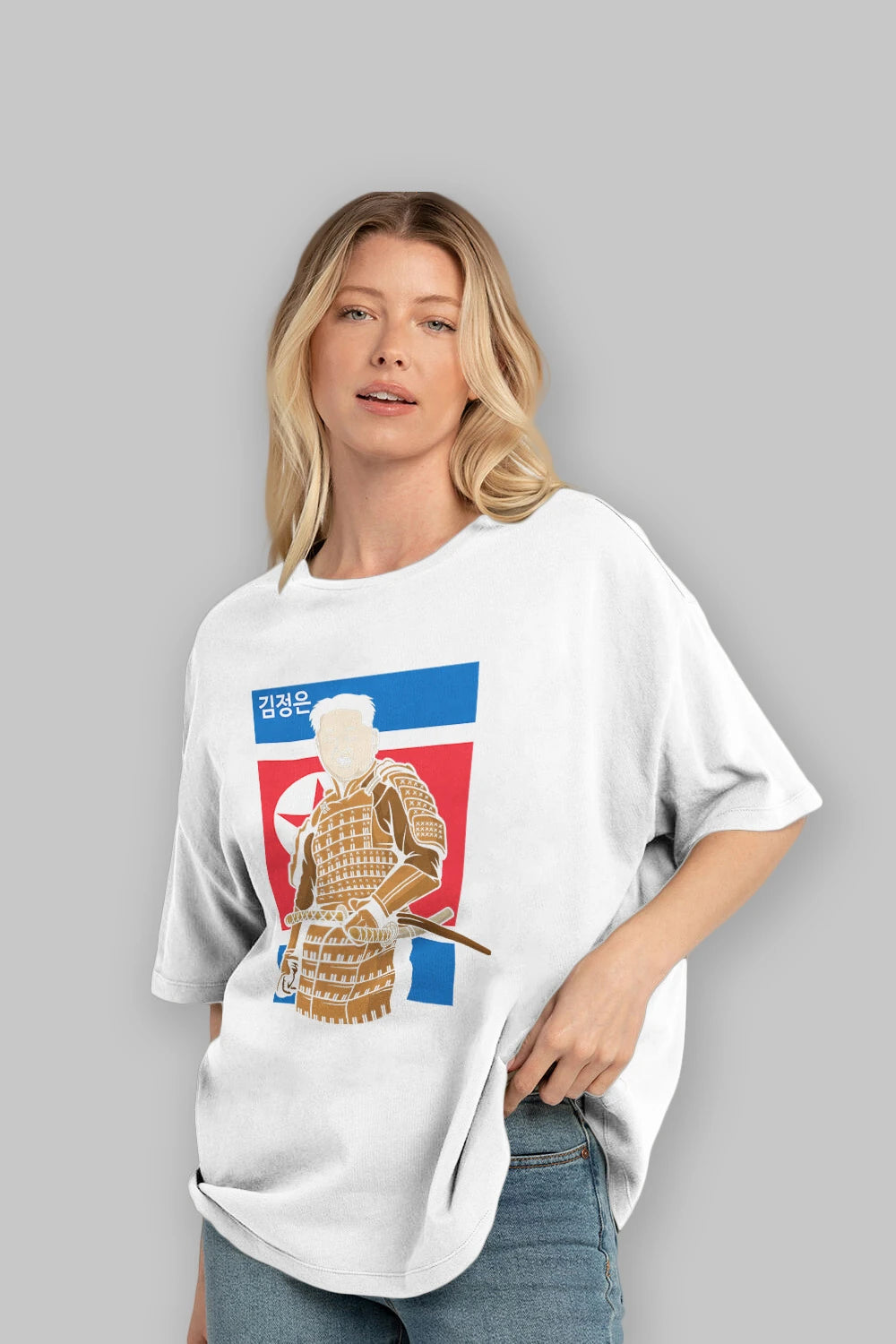 Samurai Jong Un Ön Baskılı Oversize t-shirt Erkek Kadın Unisex %100 Pamuk tişort