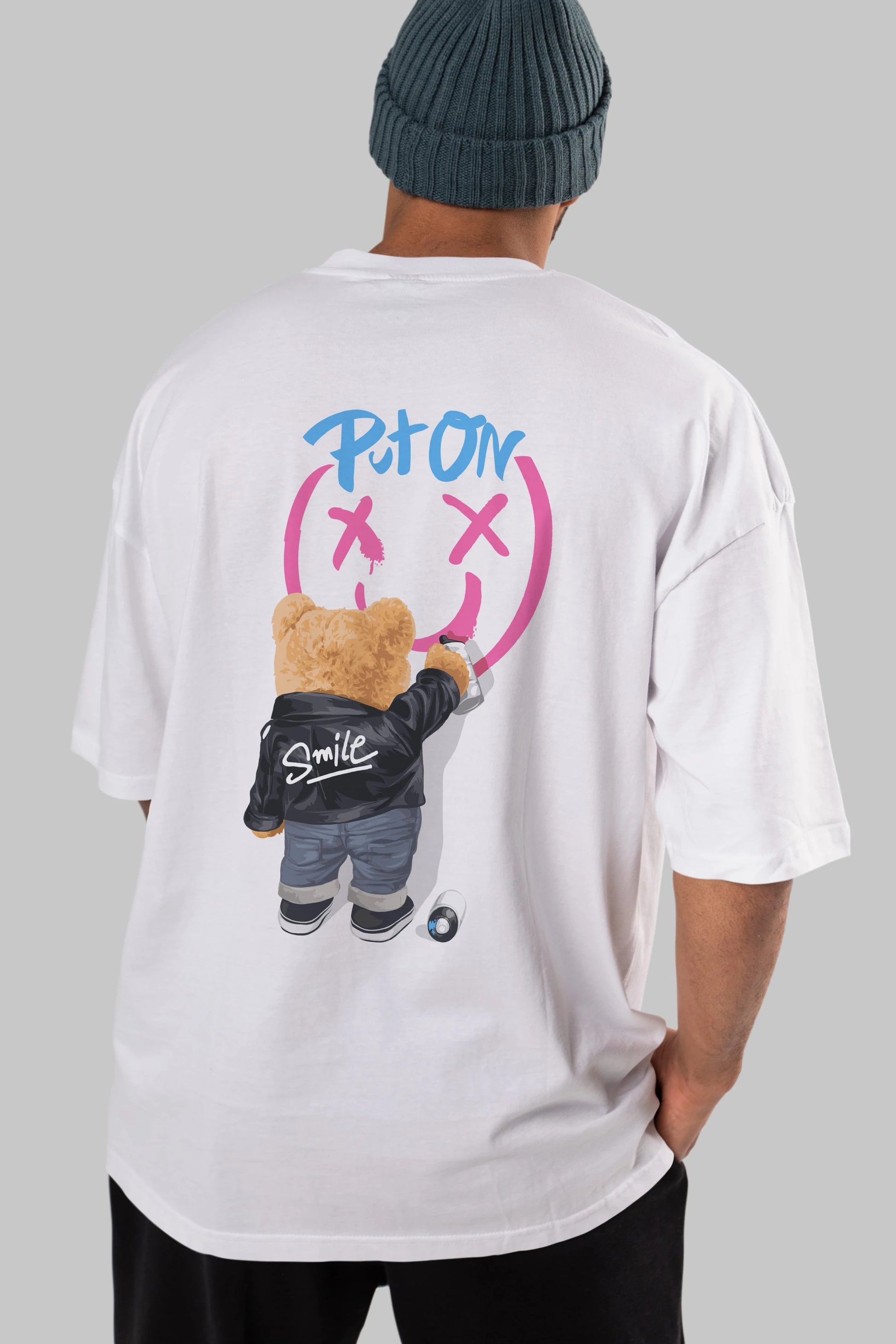 Put on Smile Bear Arka Baskılı Oversize t-shirt Erkek Kadın Unisex