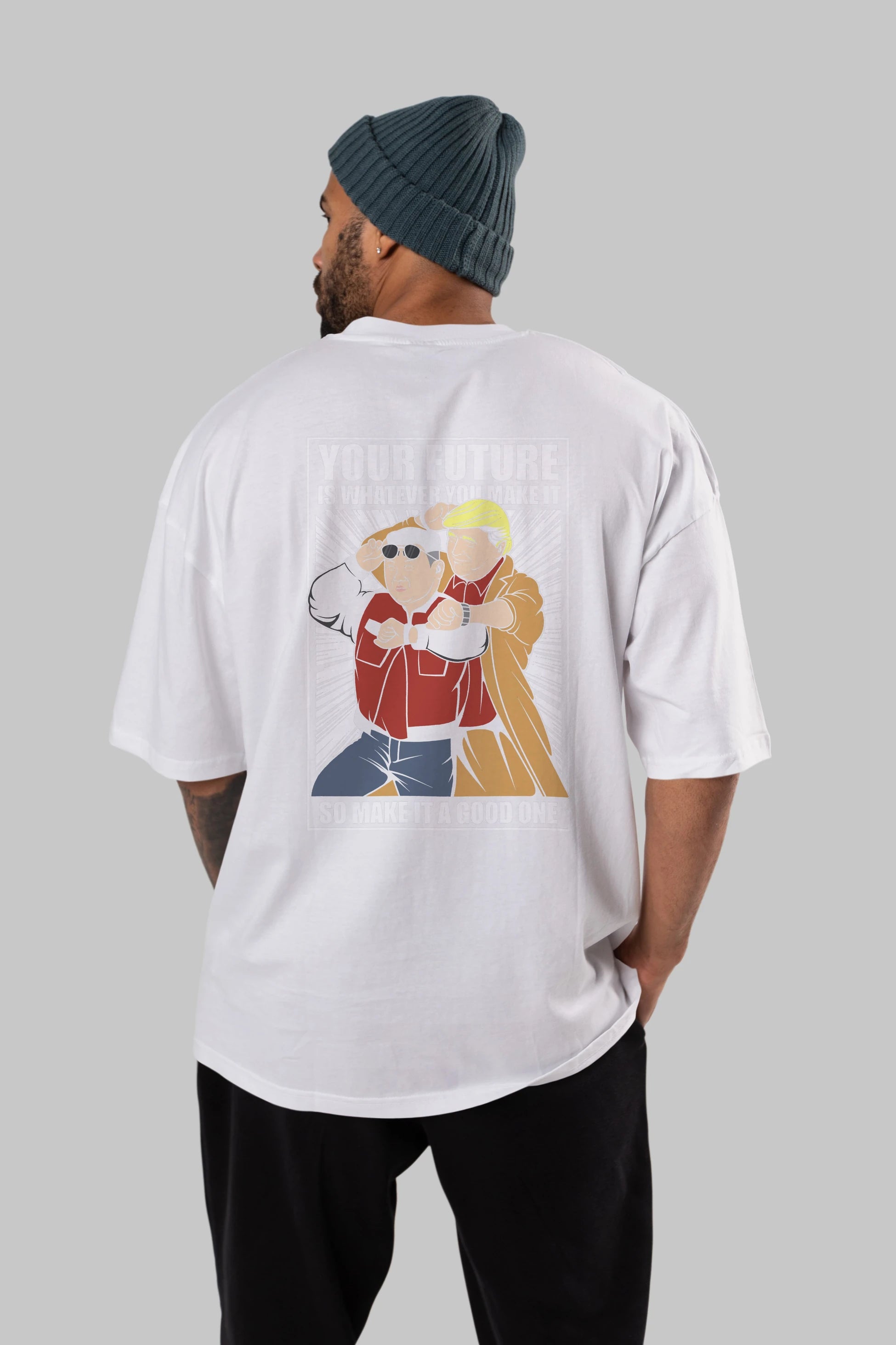 Back To The Future Jong Un Trump Arka Baskılı Oversize t-shirt Erkek Kadın Unisex %100 Pamuk tişort
