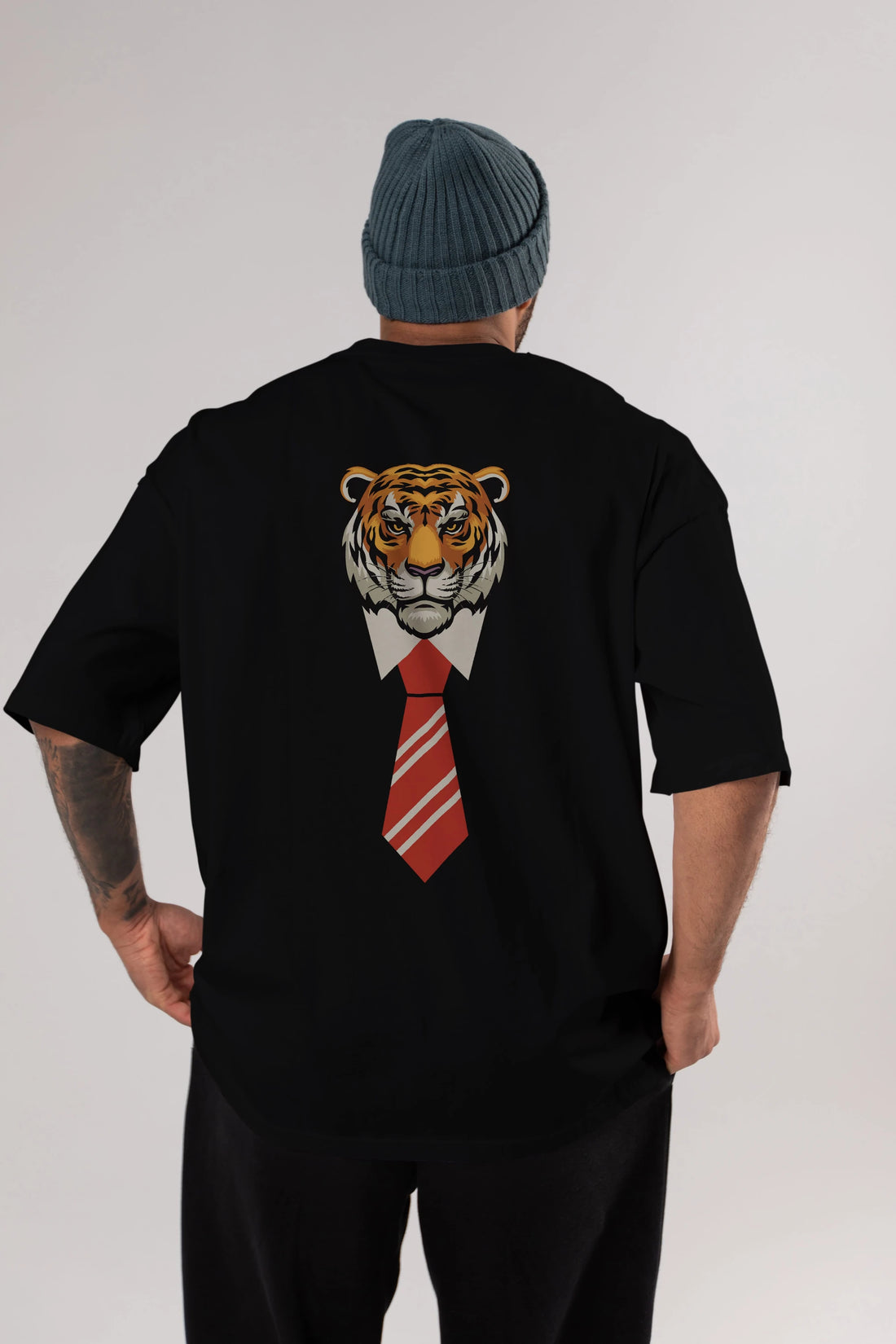 Tiger With Tie Arka Baskılı Oversize t-shirt Erkek Kadın Unisex