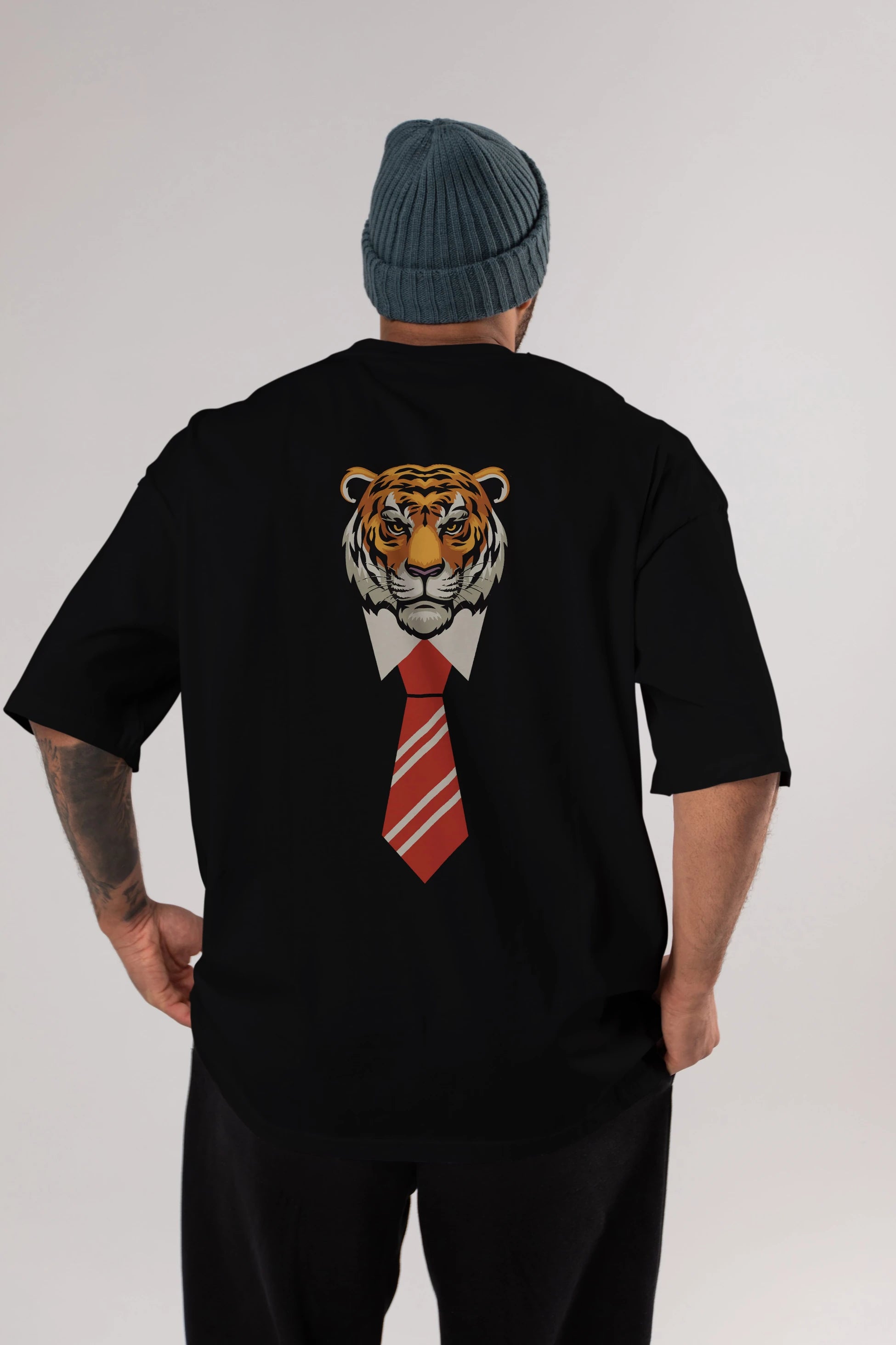 Tiger With Tie Arka Baskılı Oversize t-shirt Erkek Kadın Unisex