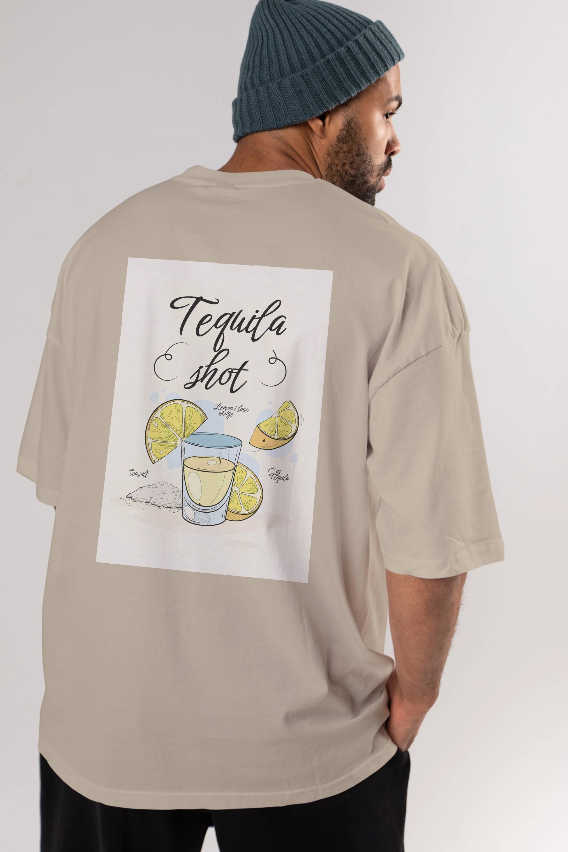 Tequila Shot Arka Baskılı Oversize t-shirt Erkek Kadın Unisex %100 Pamuk Bisiklet Yaka tişort