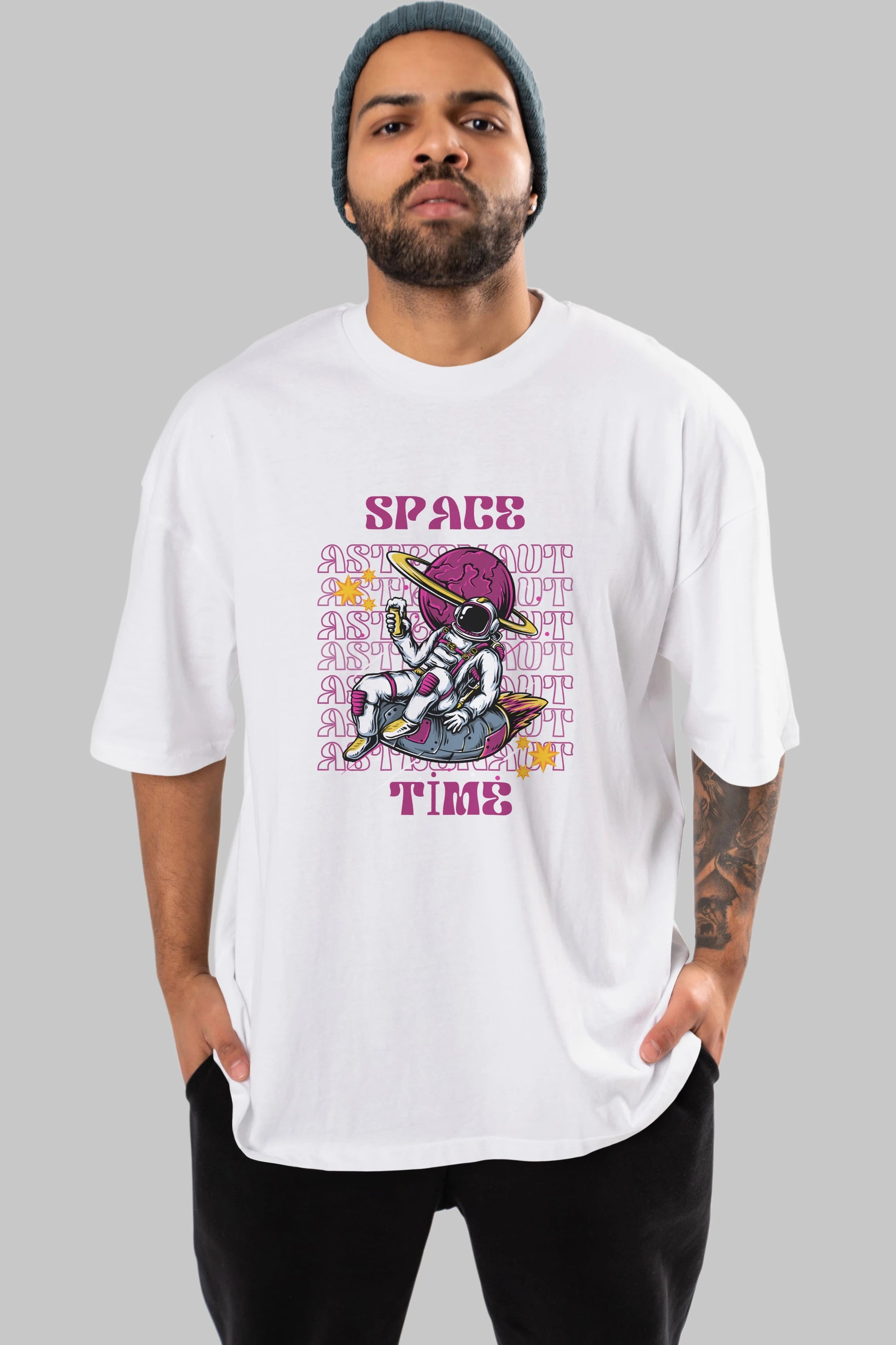 Space Time Astronaut Yazılı Ön Baskılı Oversize t-shirt Erkek Kadın Unisex