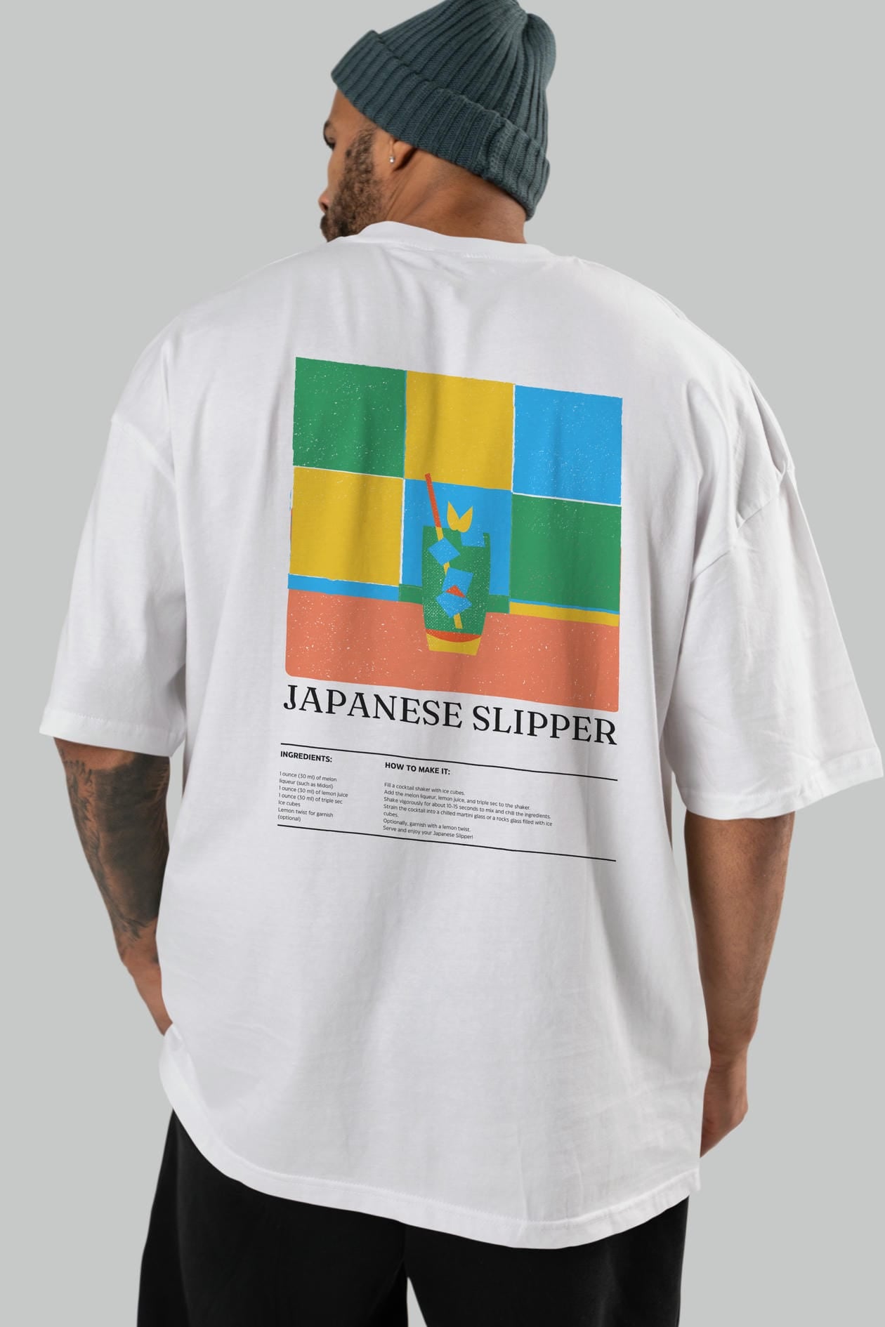 Japanese Slipper Kokteyl Serisi Arka Baskılı Oversize t-shirt Erkek Kadın %100 Pamuk Bisiklet Yaka tişort