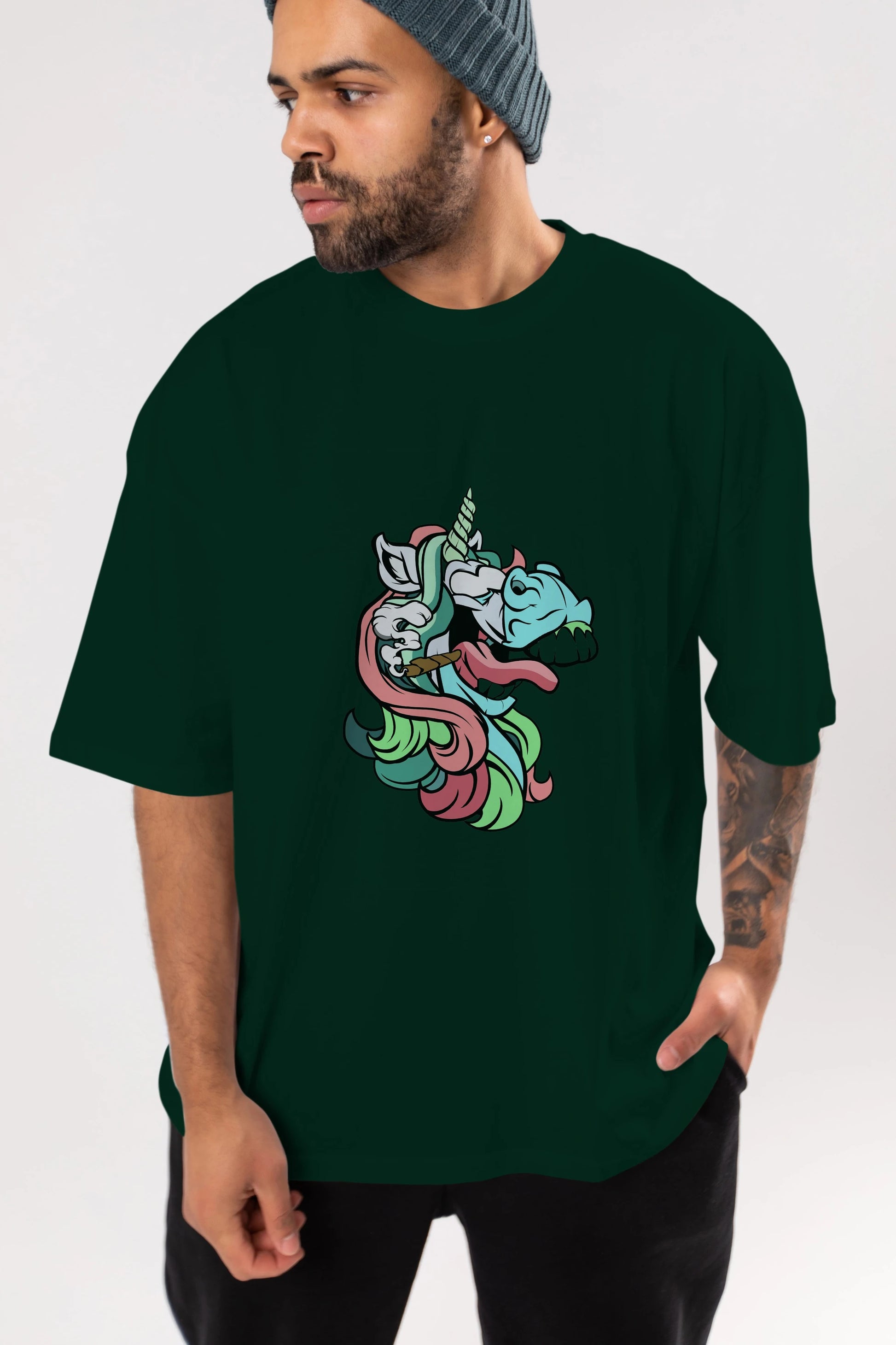 Crazy Unicorn Ön Baskılı Oversize t-shirt Erkek Kadın Unisex %100 Pamuk tişort