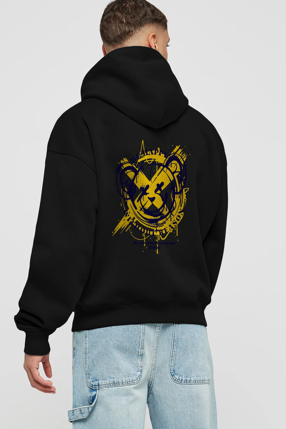 Be Happy Bear 2 Arka Baskılı Hoodie Oversize Kapüşonlu Sweatshirt Erkek Kadın Unisex