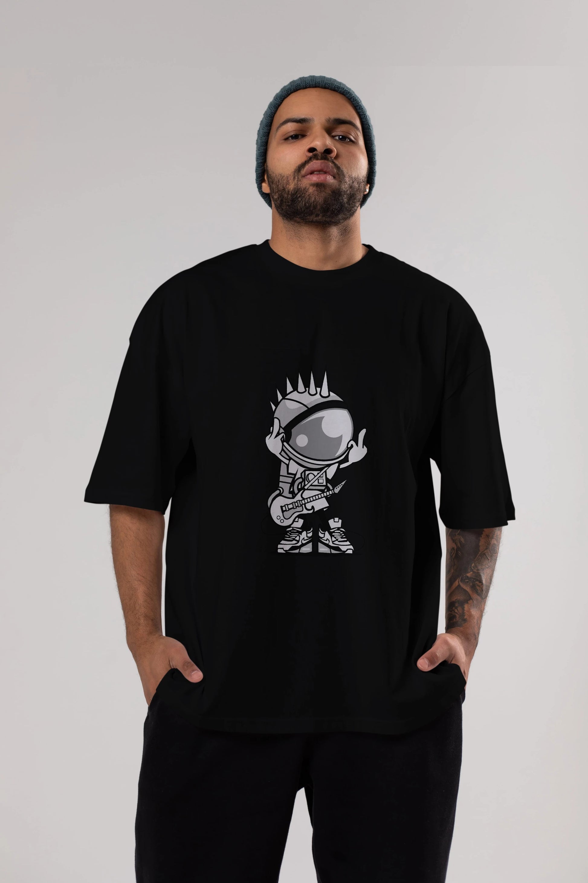 Astronaut Punk Rock Ön Baskılı Oversize t-shirt Erkek Kadın Unisex %100 Pamuk tişort