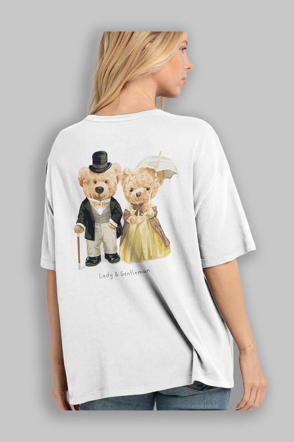 Teddy Bear Couple Arka Baskılı Oversize t-shirt Erkek Kadın Unisex %100 Pamuk