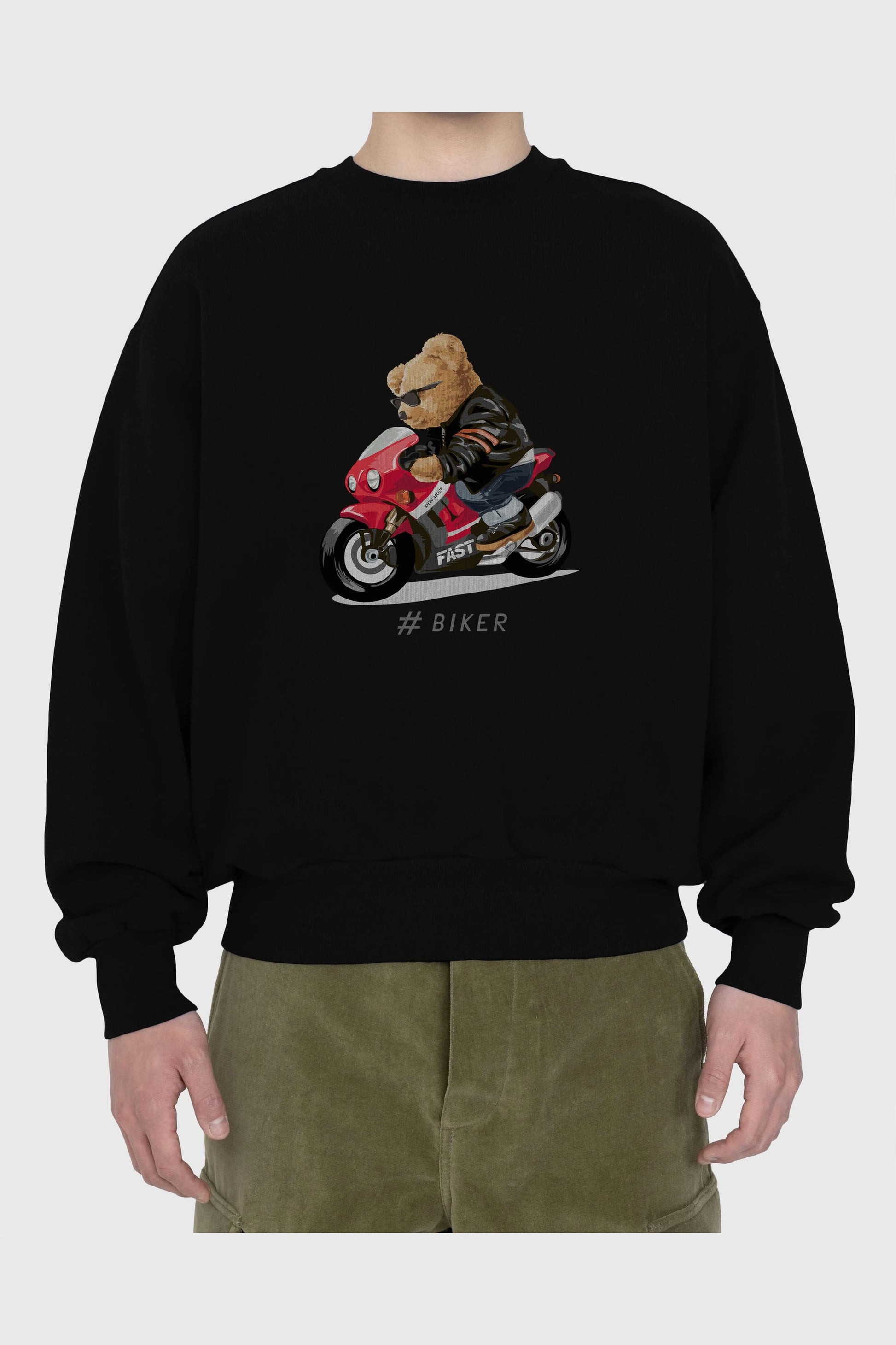 Teddy Bear Biker Ön Baskılı Oversize Sweatshirt Erkek Kadın Unisex