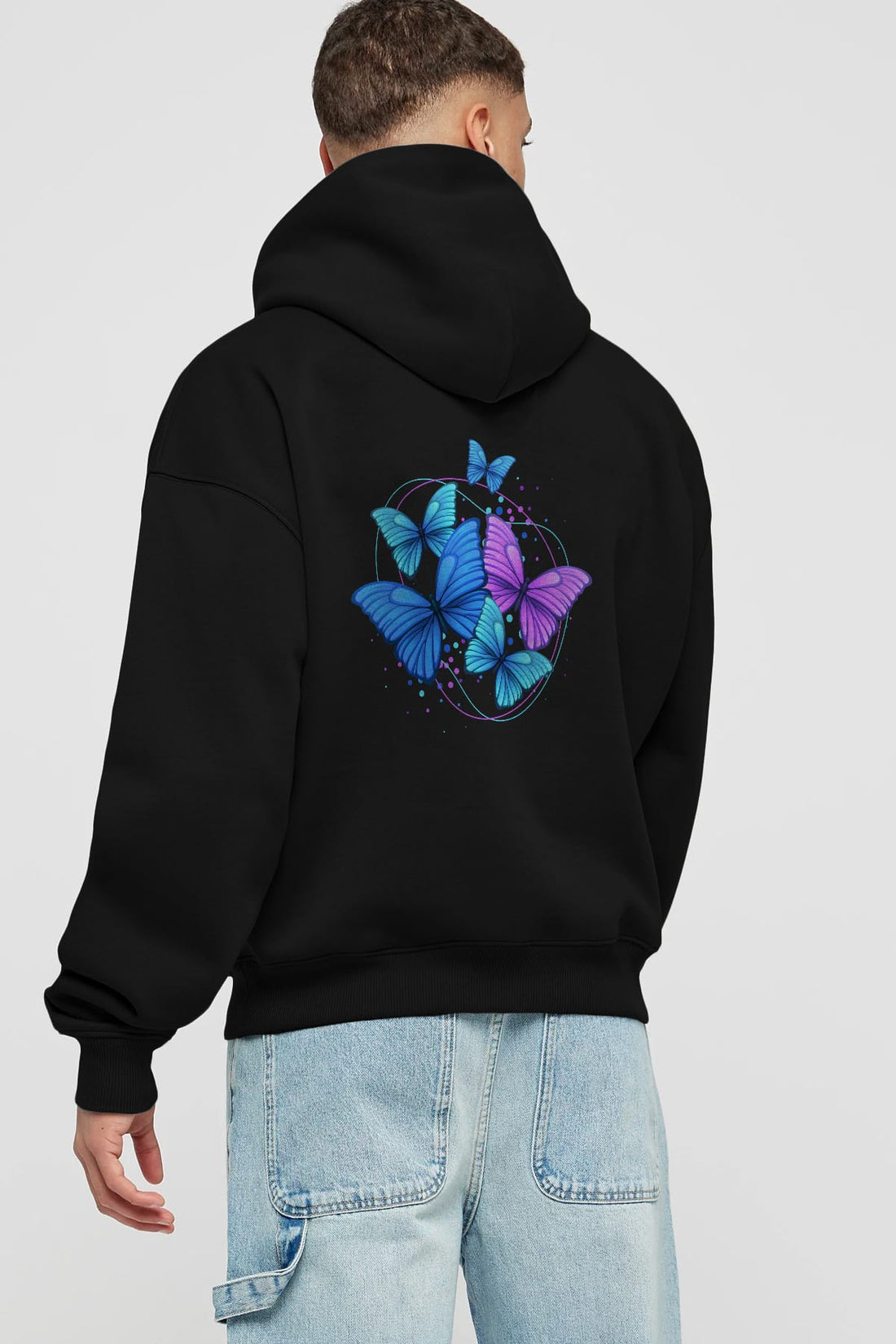 Kelebek Arka Baskılı Oversize Hoodie Kapüşonlu Sweatshirt Erkek Kadın Unisex