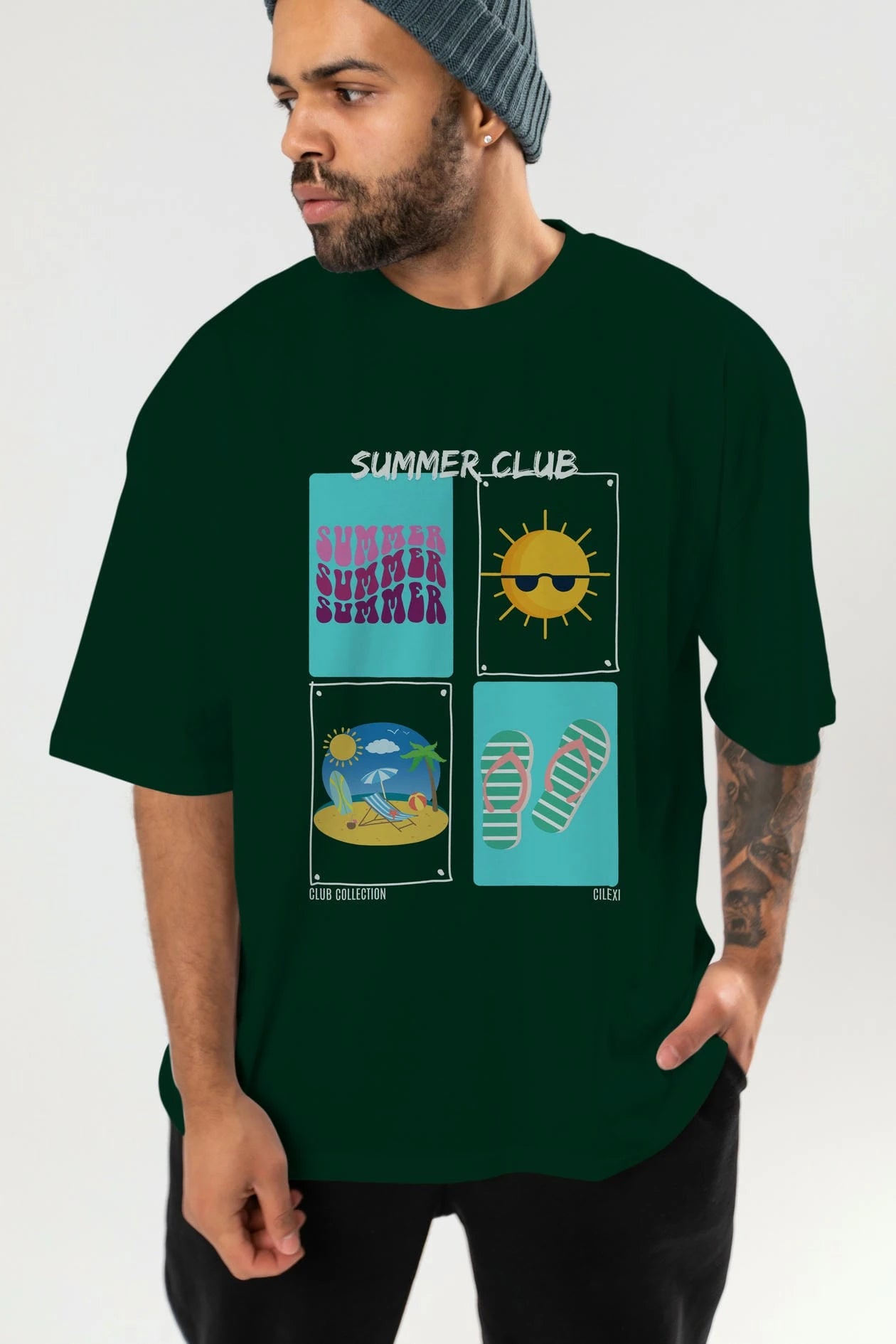 Summer Club ön Baskılı Oversize t-shirt Erkek Kadın %100 Pamuk Bisiklet Yaka tişort