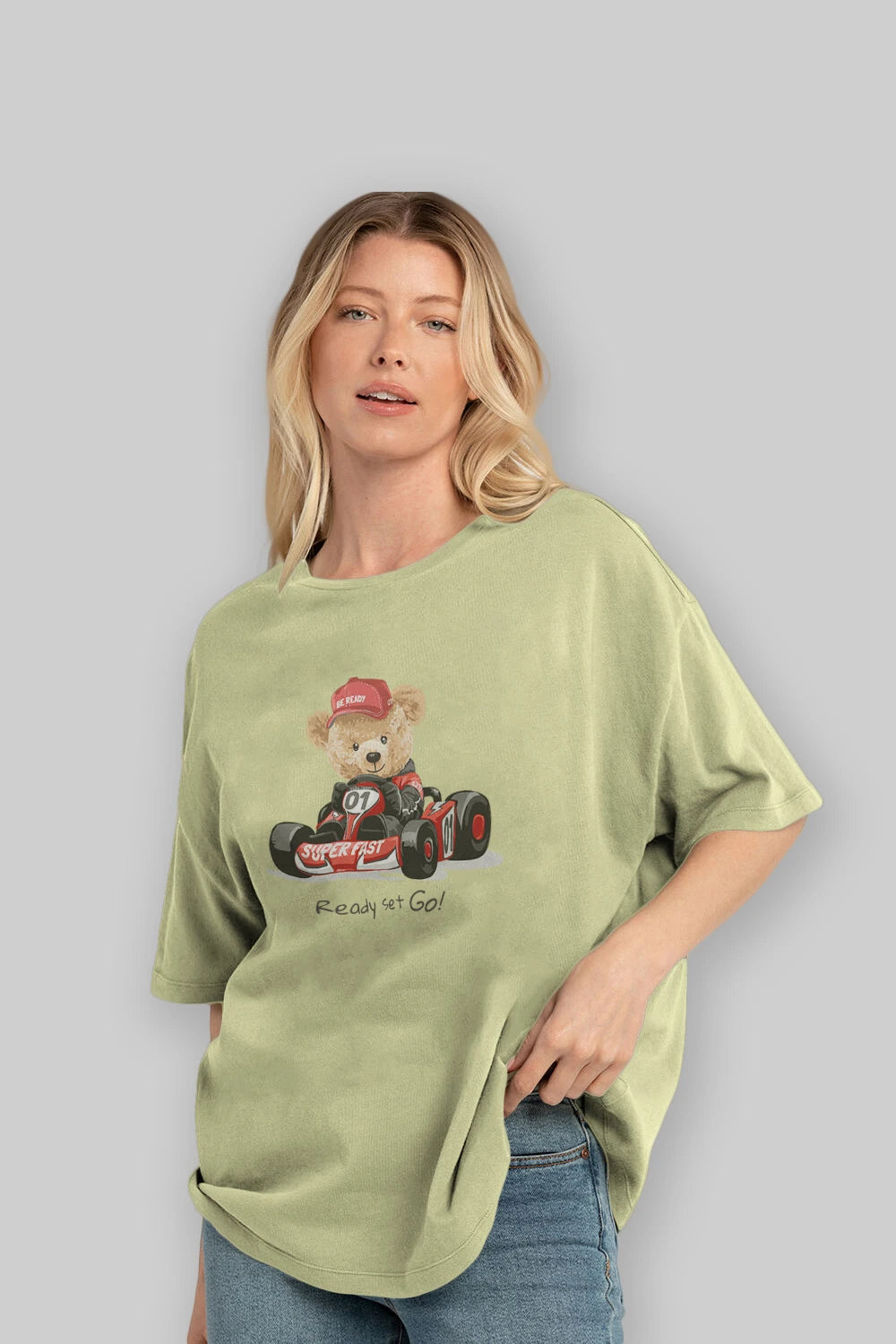 Teddy Bear Ready Set Go Ön Baskılı Oversize t-shirt Erkek Kadın Unisex %100 Pamuk