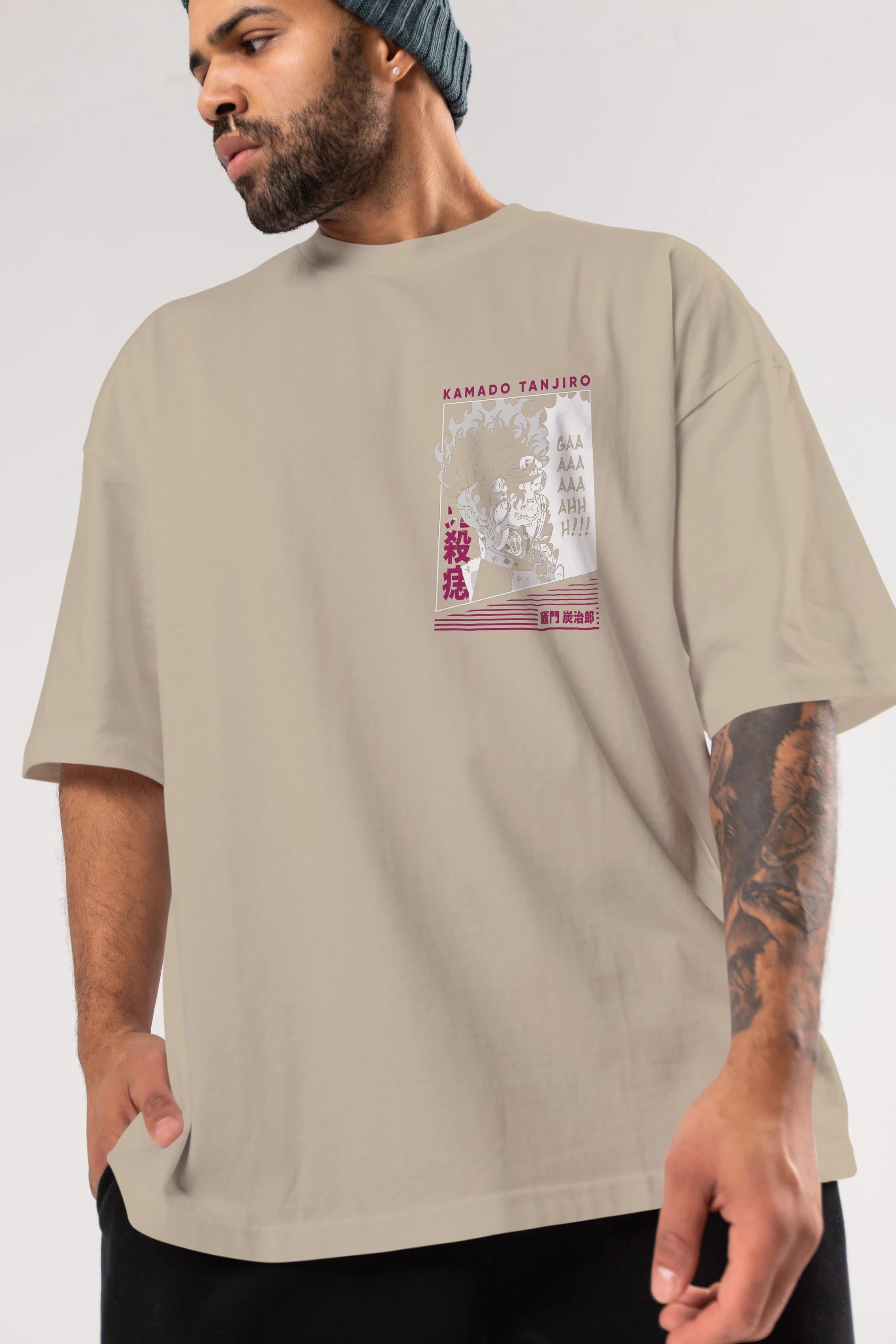 TANJIRO KAMADO 3 Ön Sol Baskılı Oversize t-shirt Erkek Kadın Unisex %100 Pamuk Bisiklet Yaka tişort