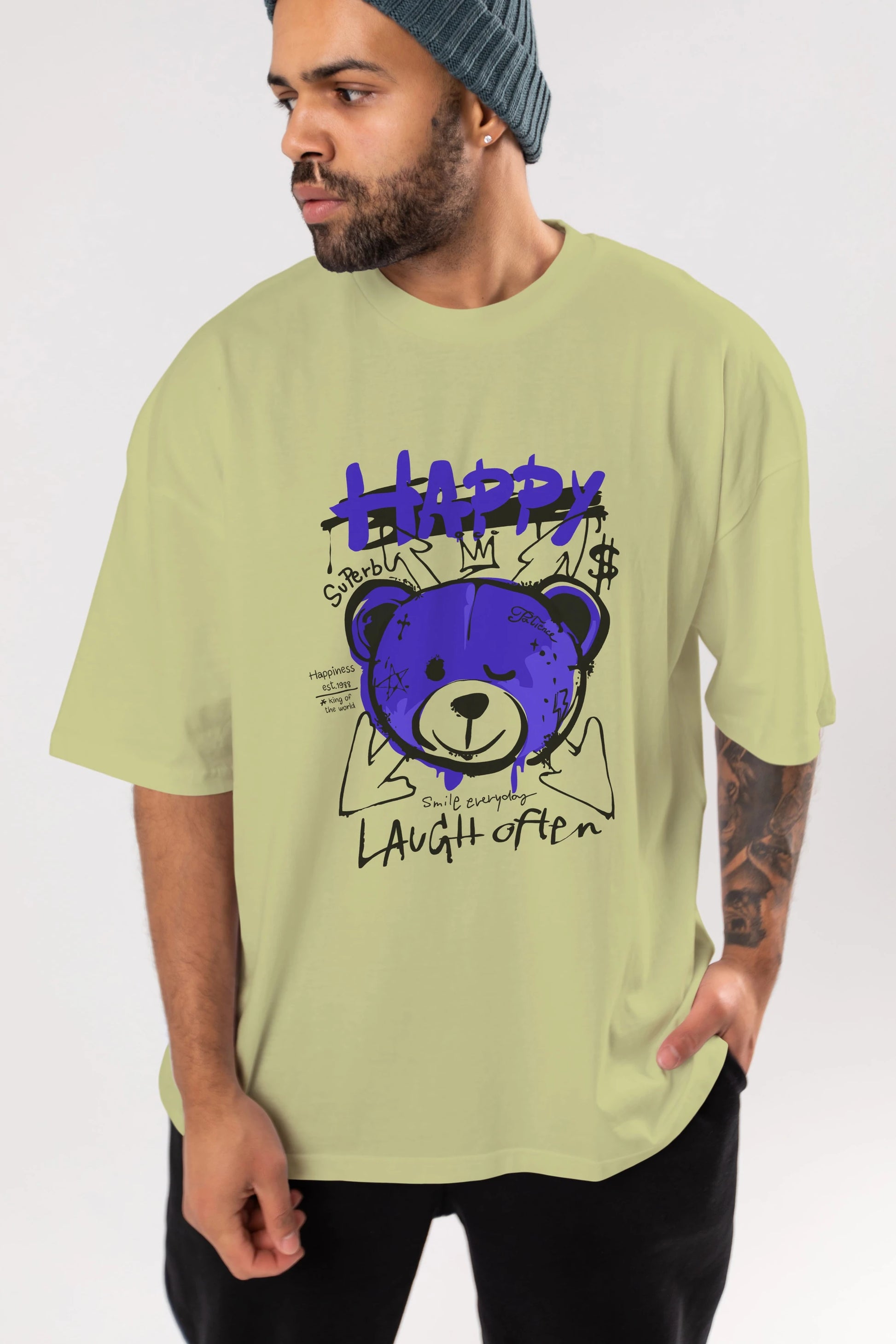 Happy Bear Ön Baskılı Oversize t-shirt Erkek Kadın Unisex