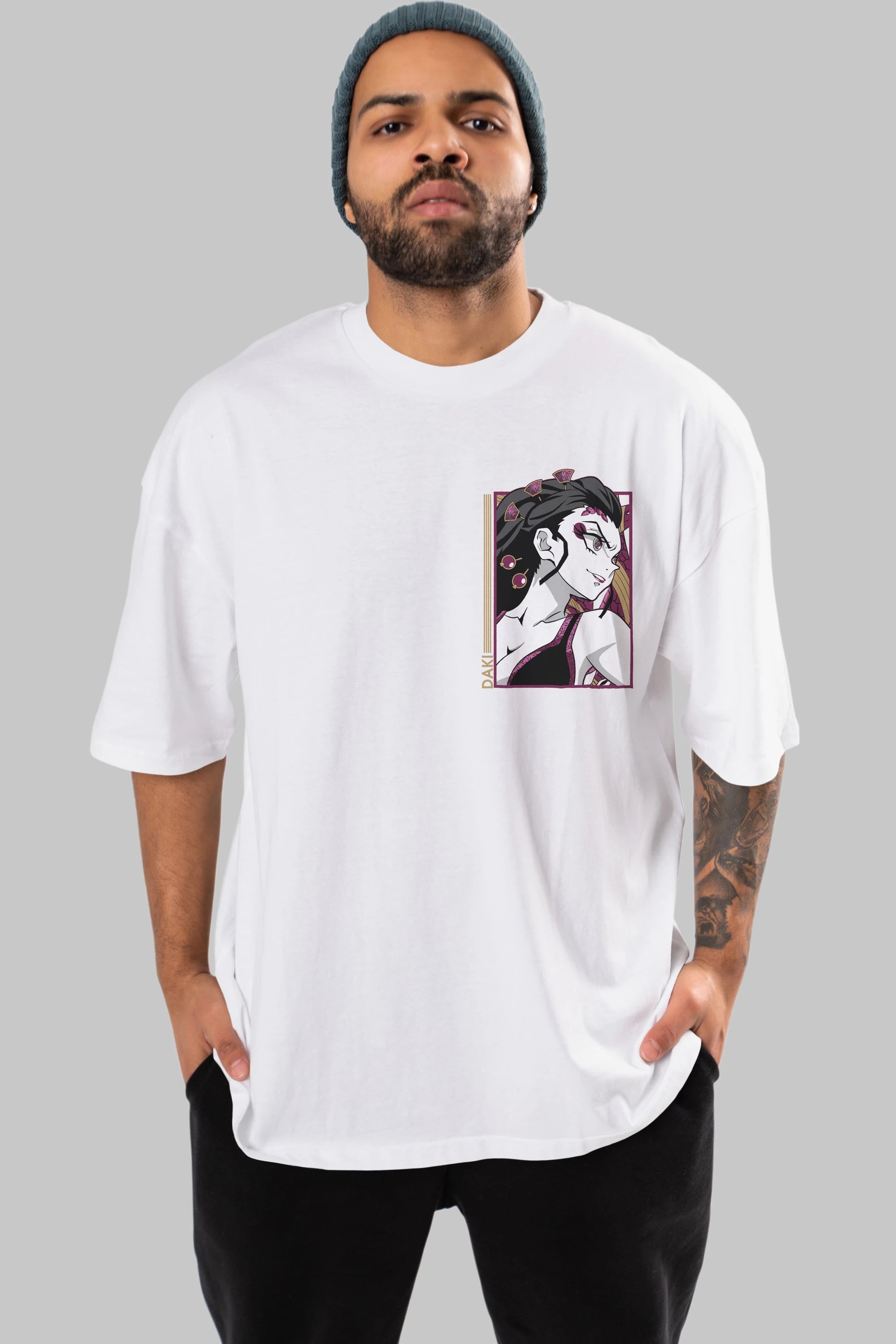 Daki DEMION SLAYER Ön Sol Baskılı Oversize t-shirt Erkek Kadın Unisex %100 Pamuk Bisiklet Yaka tişort