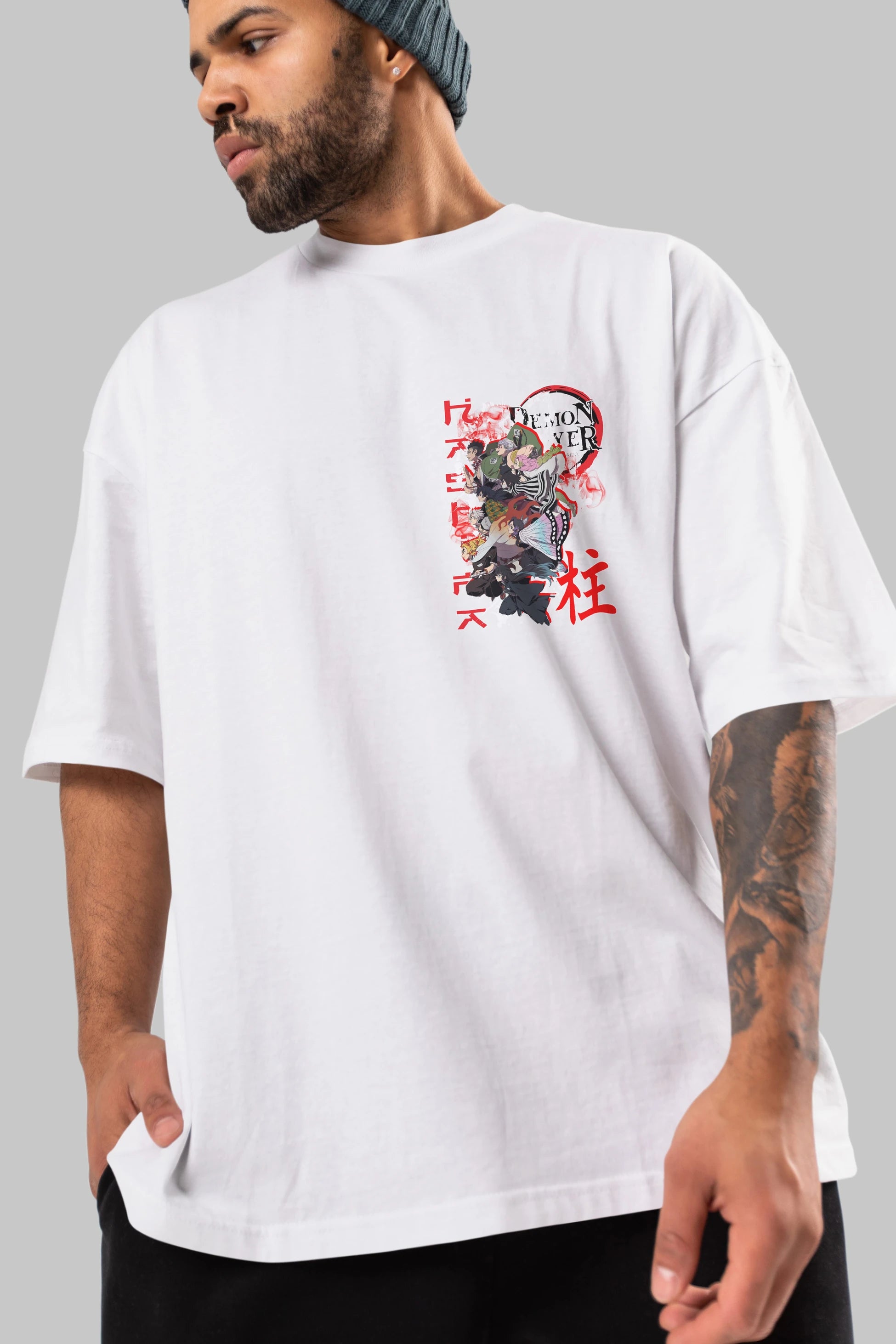 DEMON SLAYER SLAYERS Ön Sol Baskılı Oversize t-shirt Erkek Kadın Unisex %100 Pamuk Bisiklet Yaka tişort