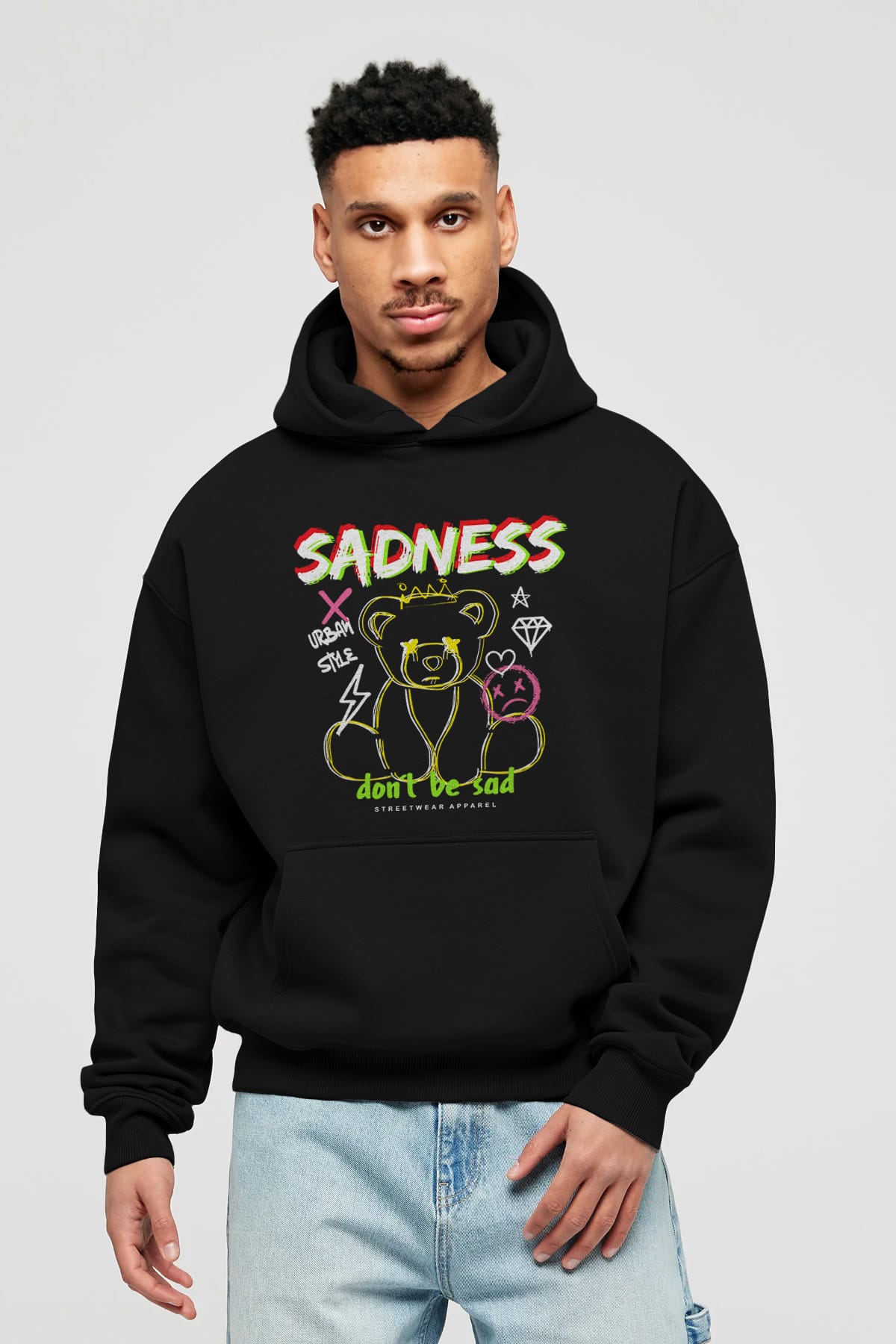 Teddy Bear Sadness Ön Baskılı Hoodie Oversize Kapüşonlu Sweatshirt Erkek Kadın Unisex