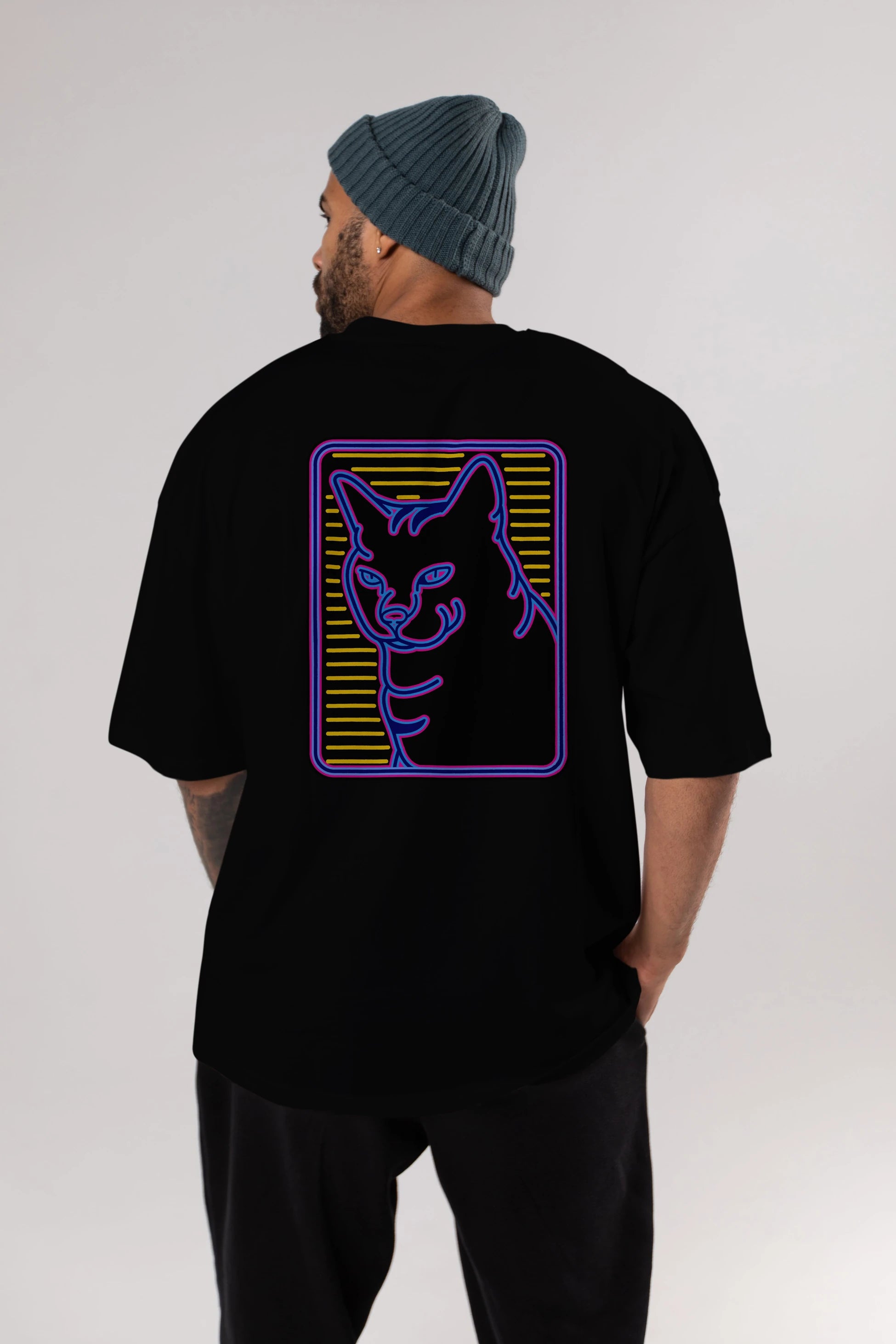 Neon Cat Arka Baskılı Oversize t-shirt Erkek Kadın Unisex