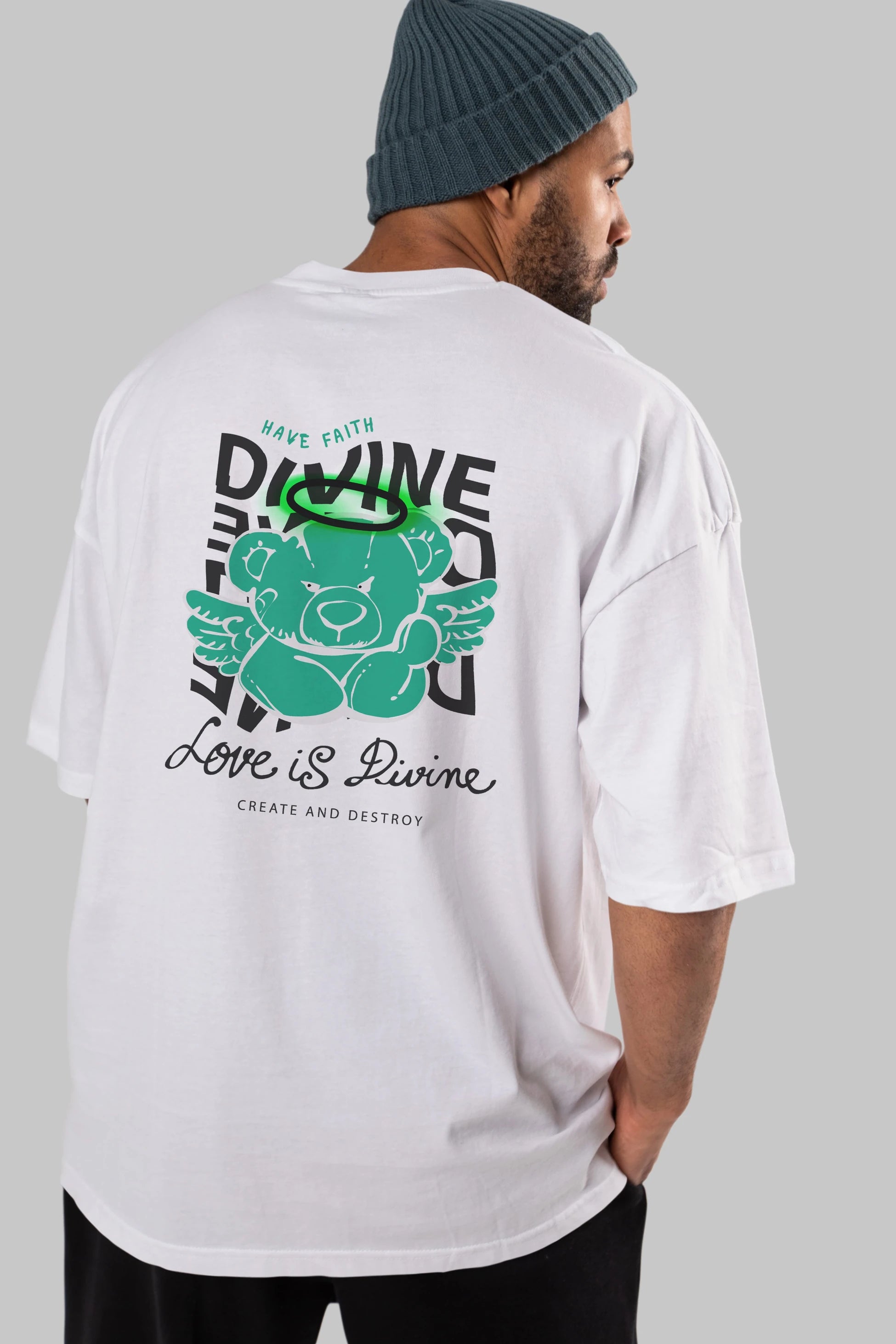 Love is Divine Bear Arka Baskılı Oversize t-shirt Erkek Kadın Unisex