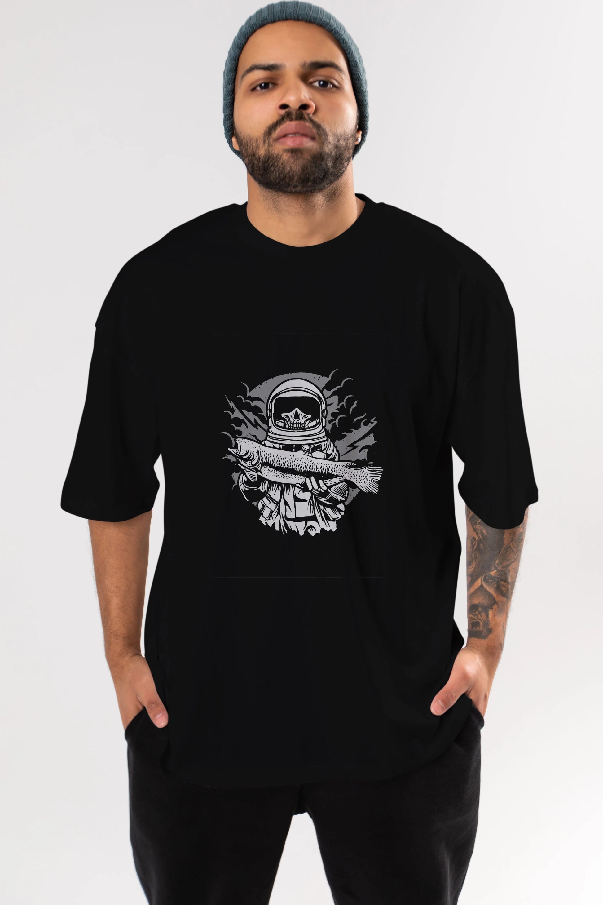 Astronaut Fishing Ön Baskılı Oversize t-shirt Erkek Kadın Unisex %100 Pamuk tişort