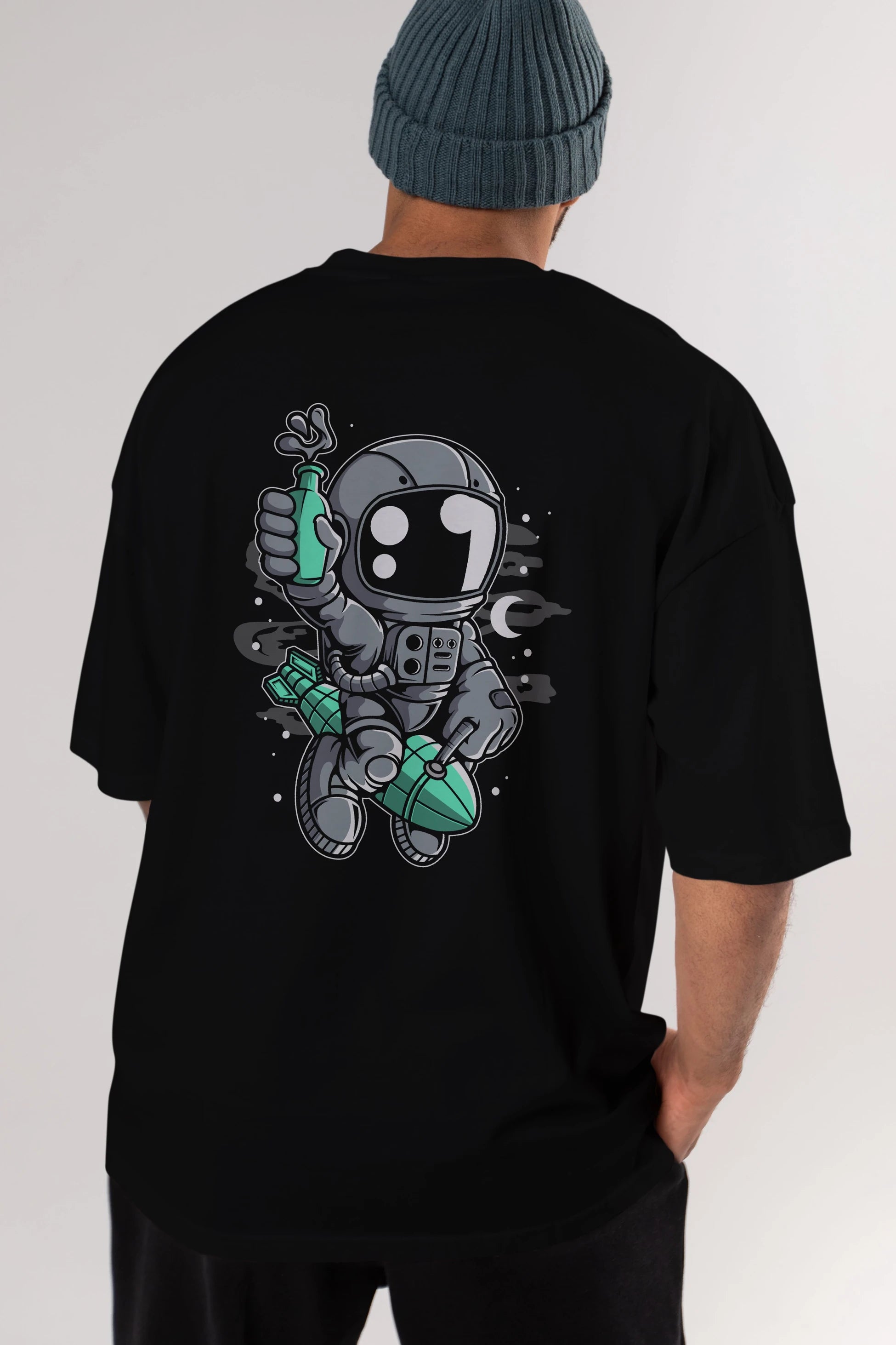 Astronaut Rocket Arka Baskılı Oversize t-shirt Erkek Kadın Unisex