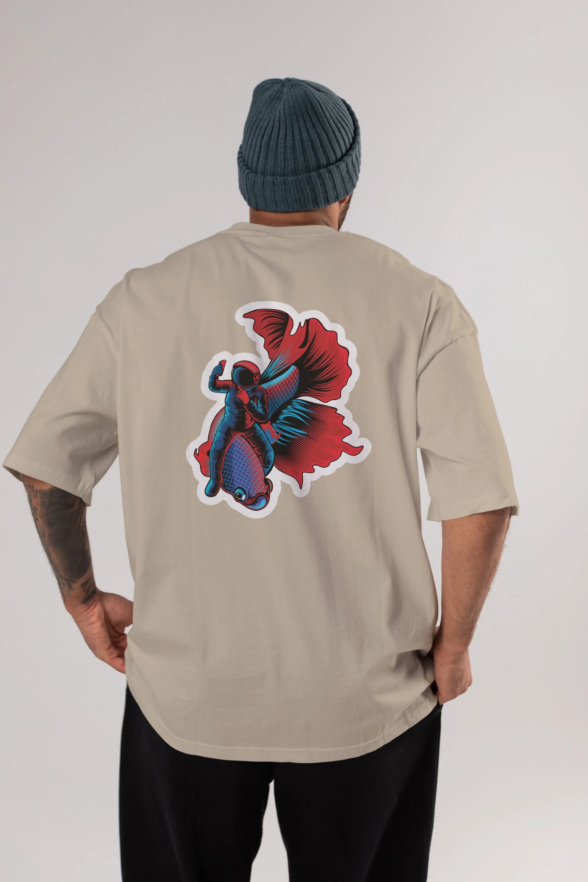 Astrofish selfie sticker Arka Baskılı Oversize t-shirt Erkek Kadın Unisex