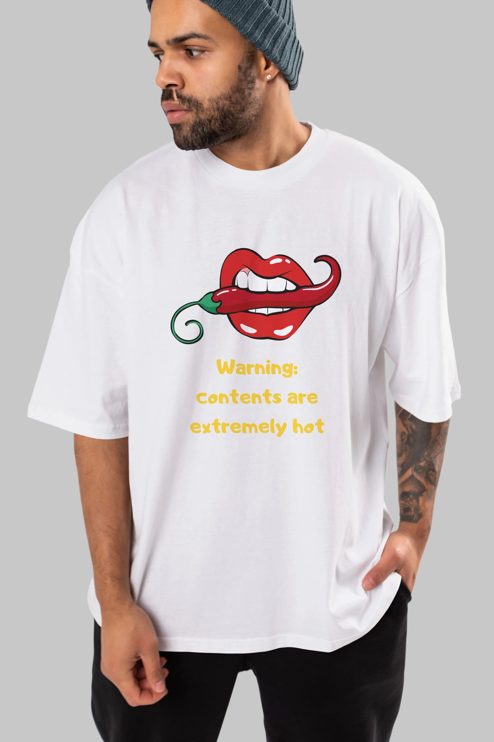 Warning Contents Yazılı Ön Baskılı Oversize t-shirt Erkek Kadın Unisex