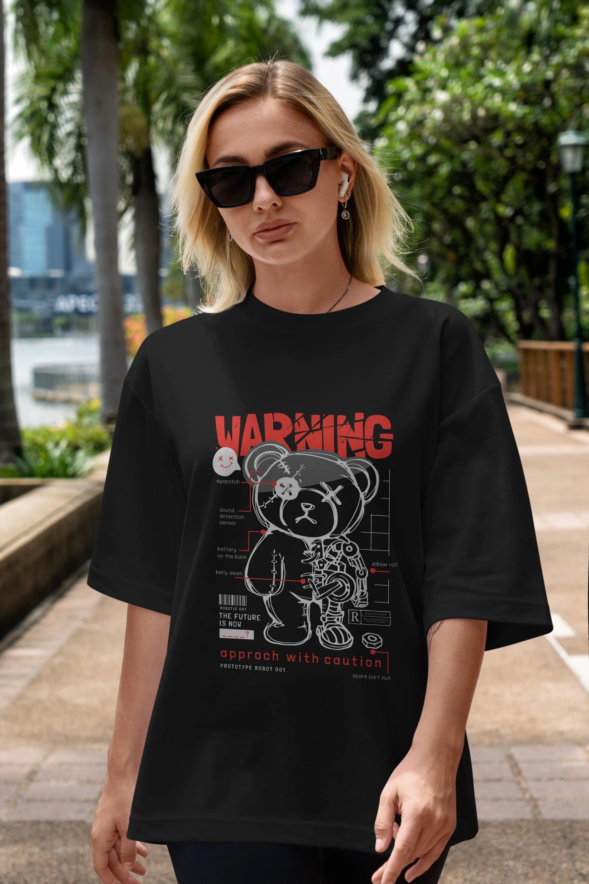 Teddy Bear Warning Ön Baskılı Oversize t-shirt Erkek Kadın Unisex