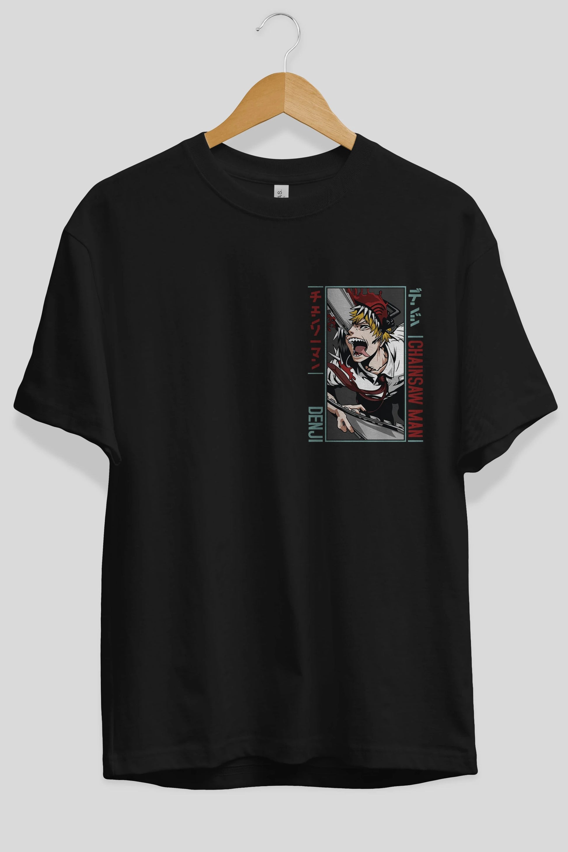 Denji Chainsaw Man Ön Sol Baskılı Oversize t-shirt Erkek Kadın Unisex %100 Pamuk Bisiklet Yaka tişort