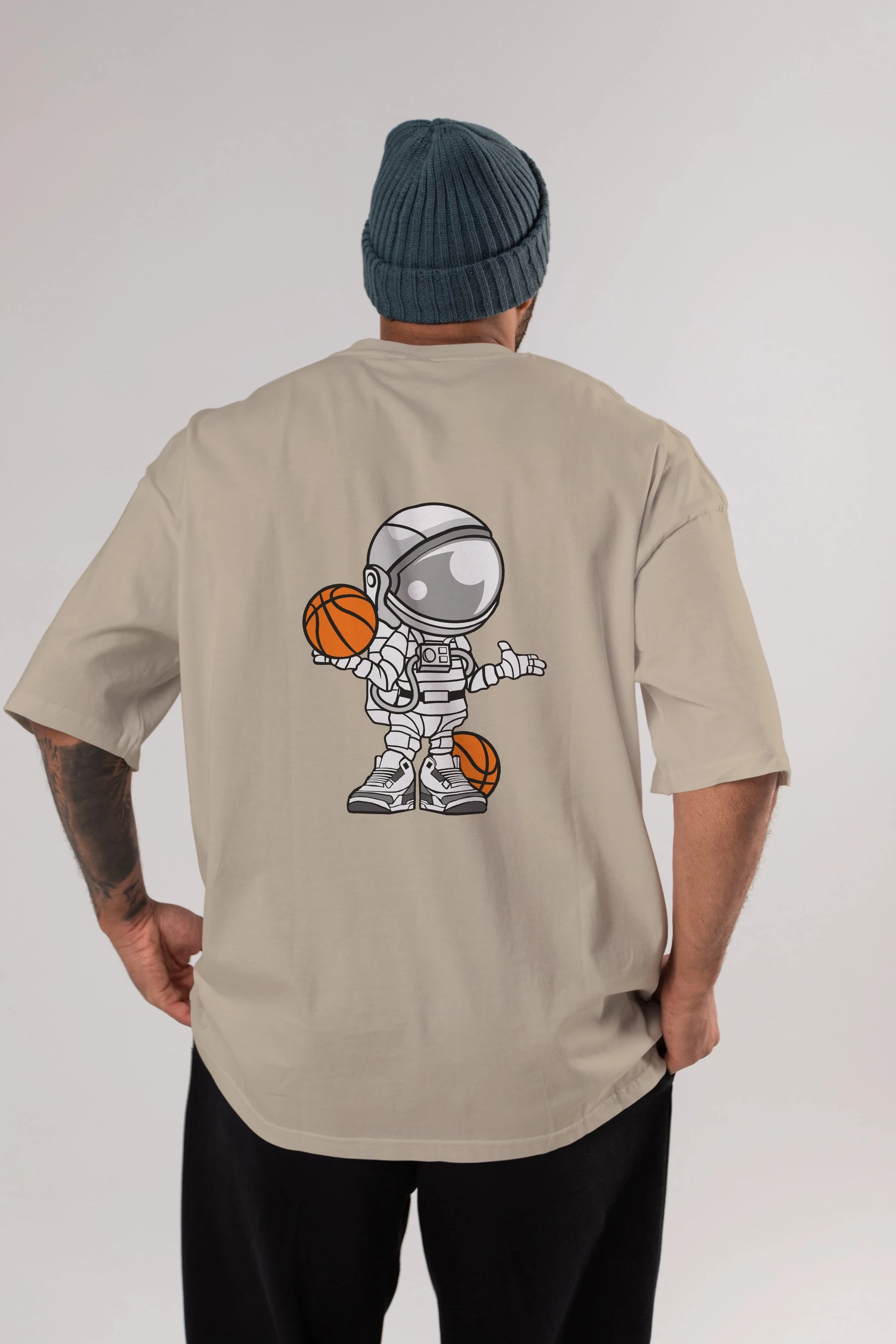 Astronaut Basketball Player Arka Baskılı Oversize t-shirt Erkek Kadın Unisex %100 Pamuk tişort