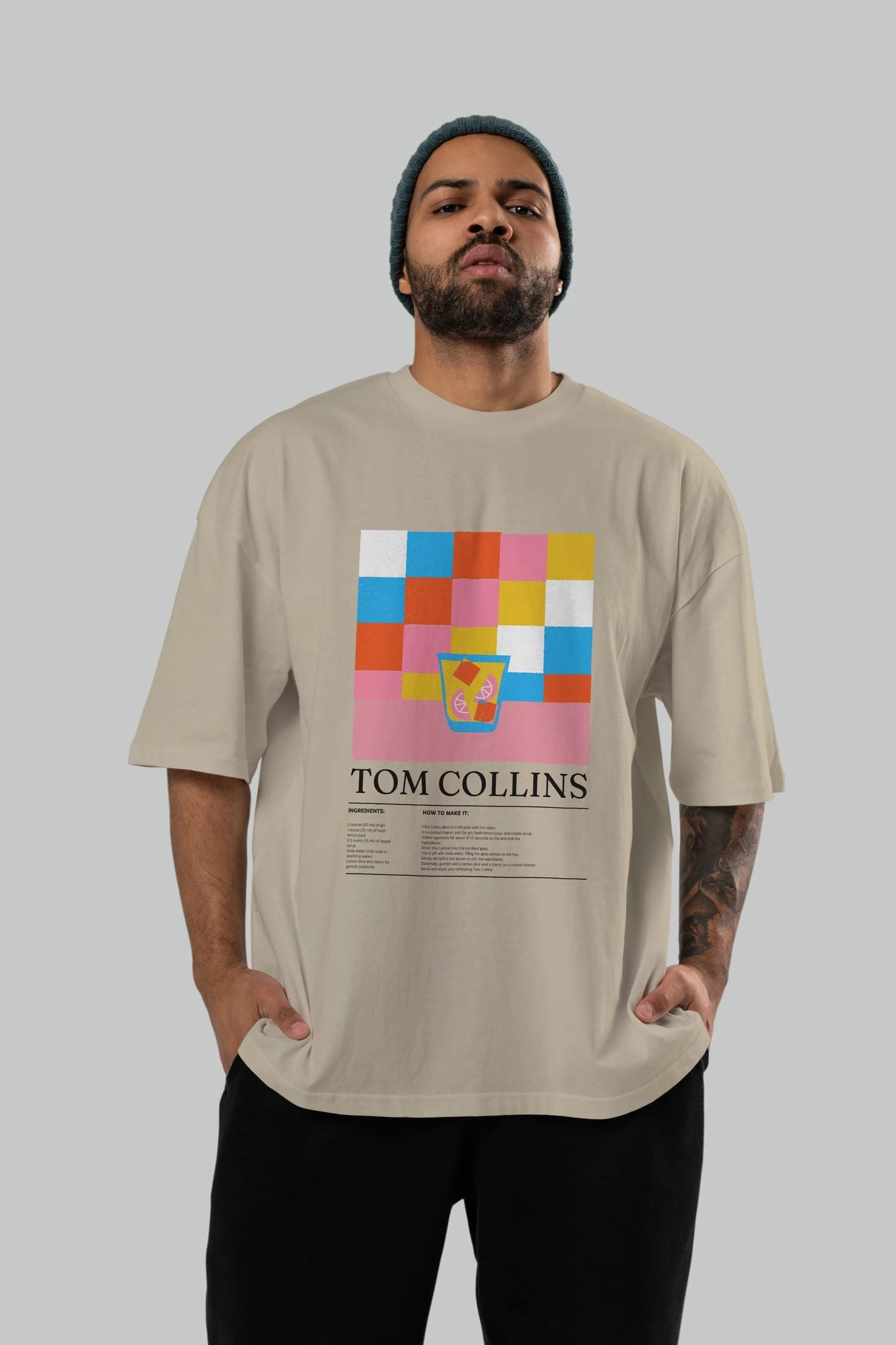 Tom Collins Kokteyl Ön Baskılı Oversize t-shirt Erkek Kadın %100 Pamuk Bisiklet Yaka tişort