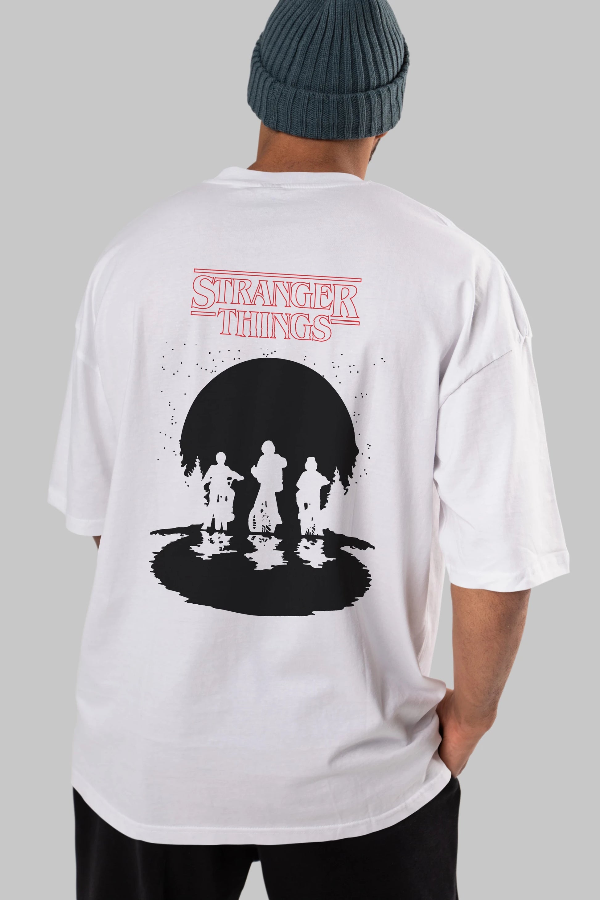 Stranger Things Arka Baskılı Oversize t-shirt Erkek Kadın Unisex %100 Pamuk Bisiklet Yaka tişort