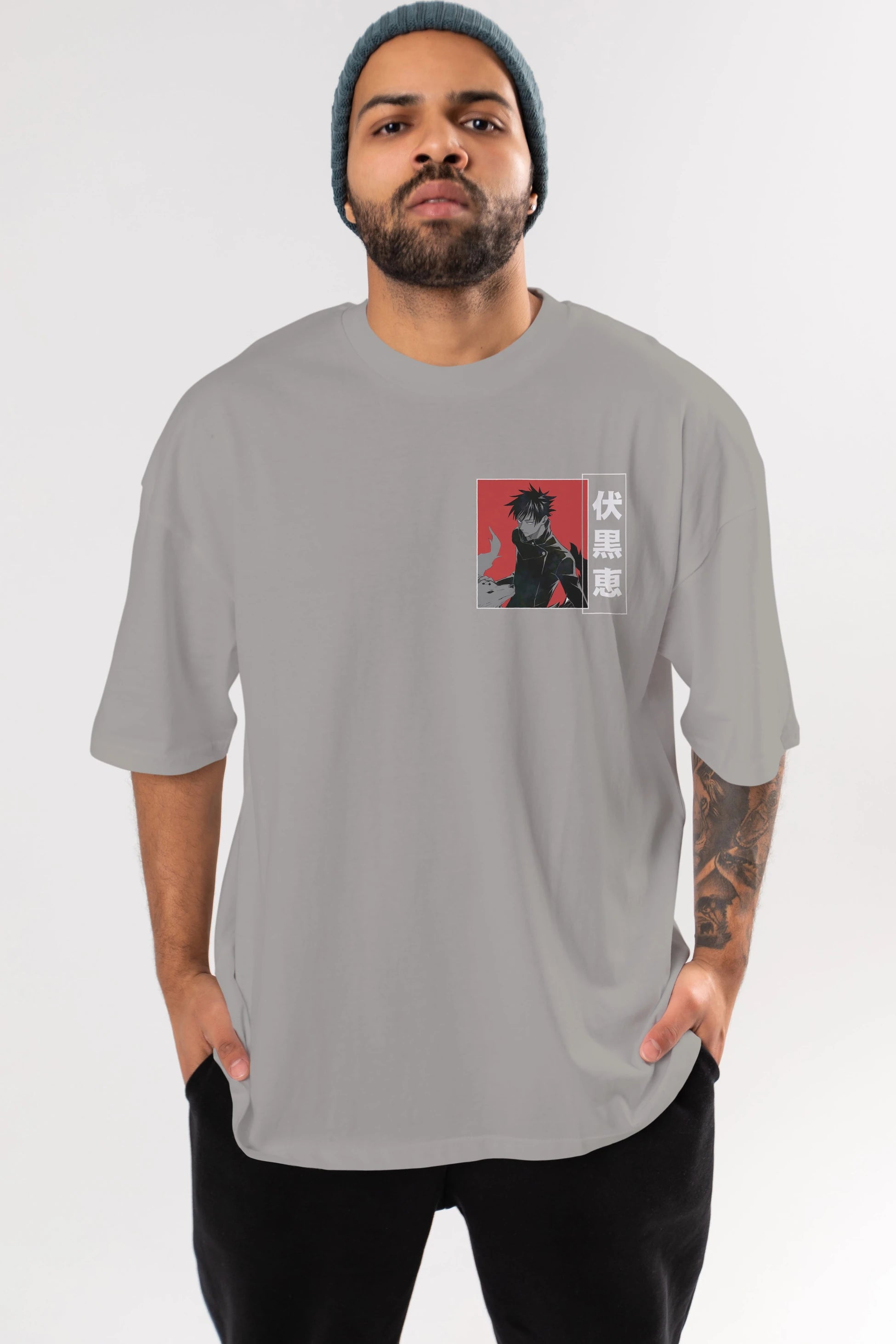 Megumi Fushiguro Ön Sol Baskılı Oversize t-shirt Erkek Kadın Unisex %100 Pamuk Bisiklet Yaka tişort