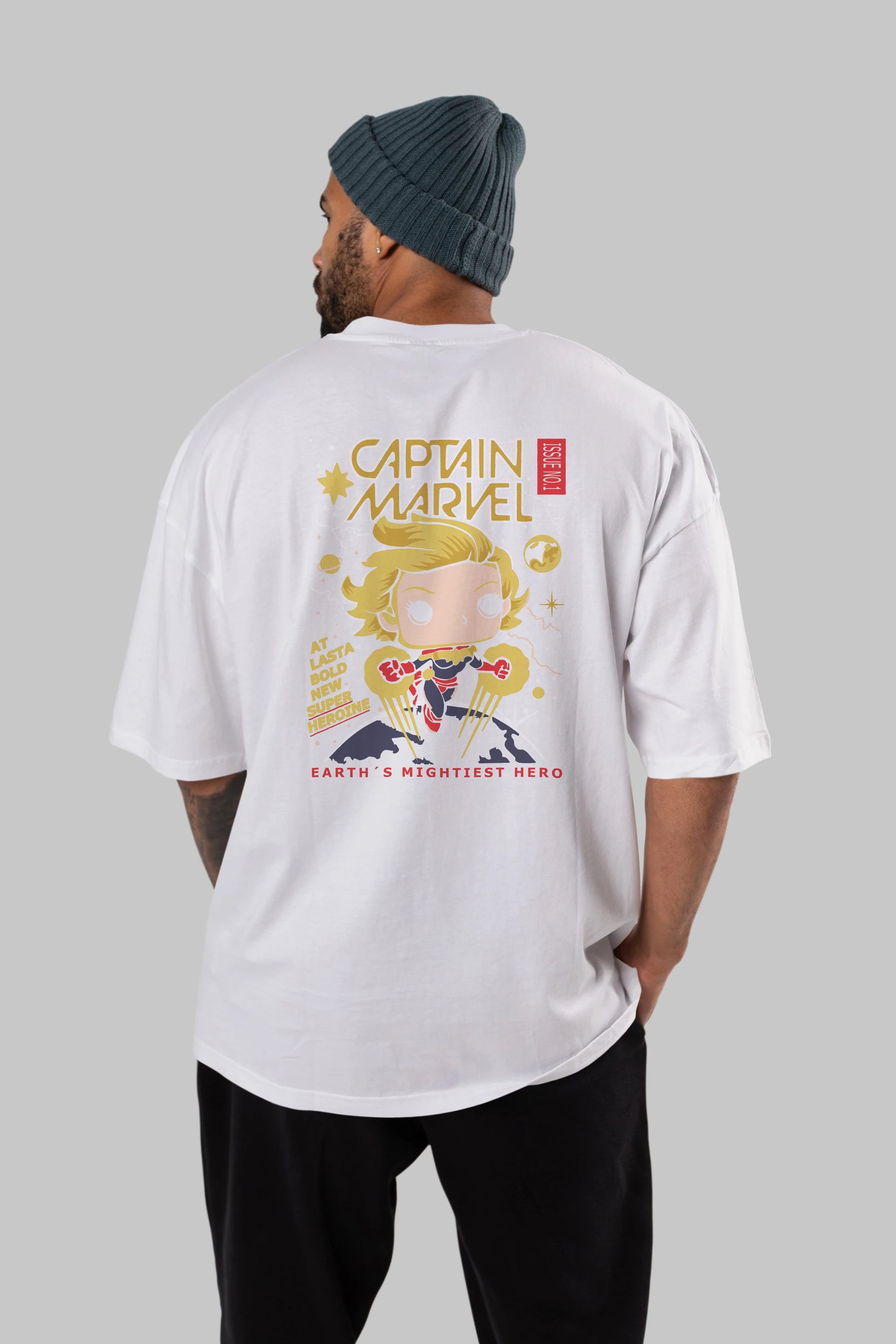 Captain Marvel Arka Baskılı Oversize t-shirt Erkek Kadın Unisex %100 Pamuk Bisiklet Yaka tişort