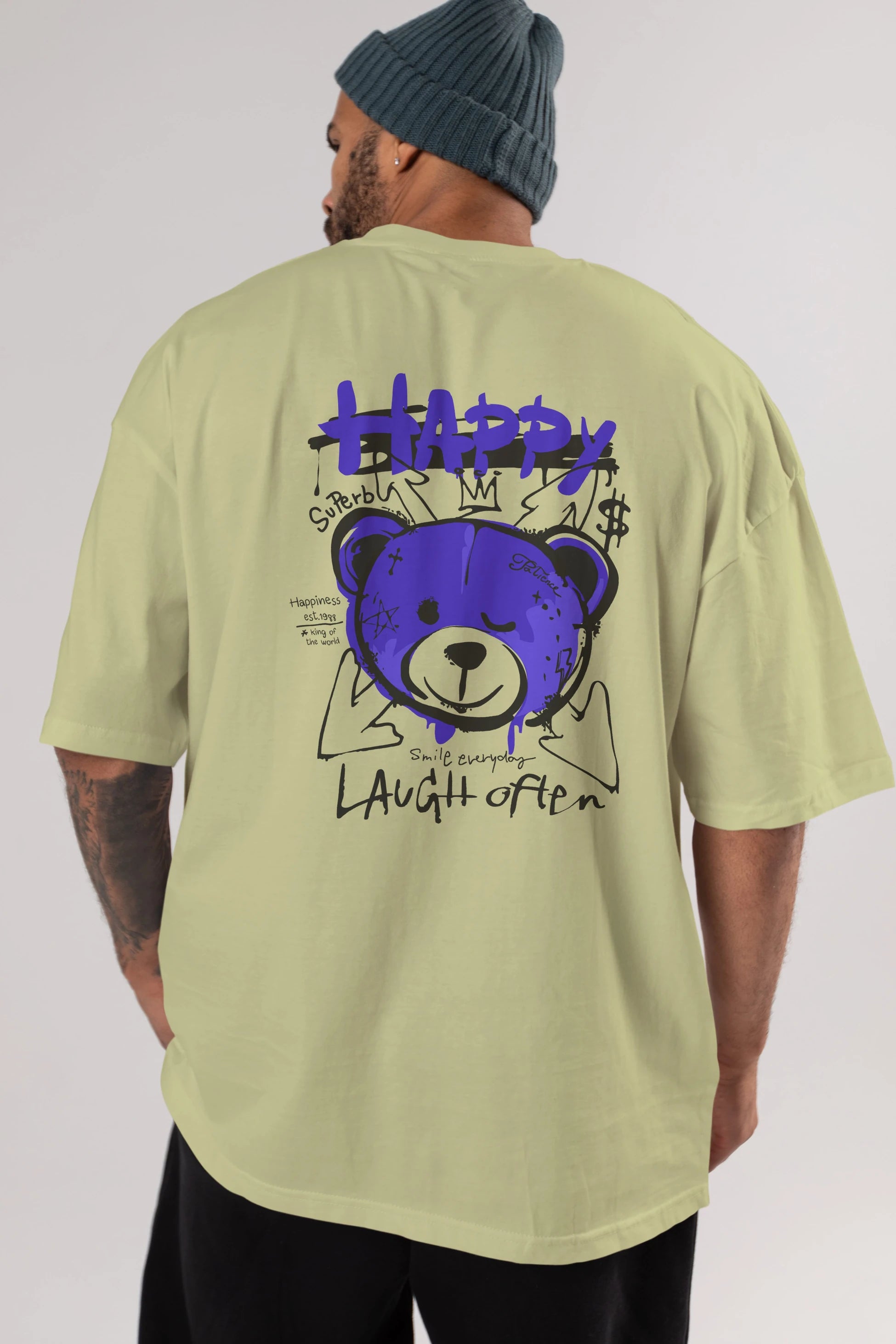 Happy Bear Arka Baskılı Oversize t-shirt Erkek Kadın Unisex