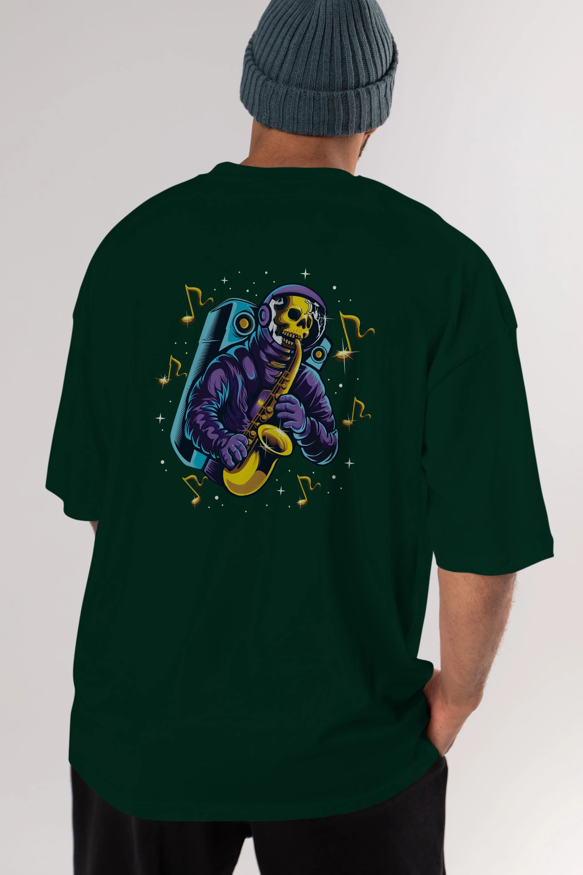 Astroskull Saxophonist Arka Baskılı Oversize t-shirt Erkek Kadın Unisex