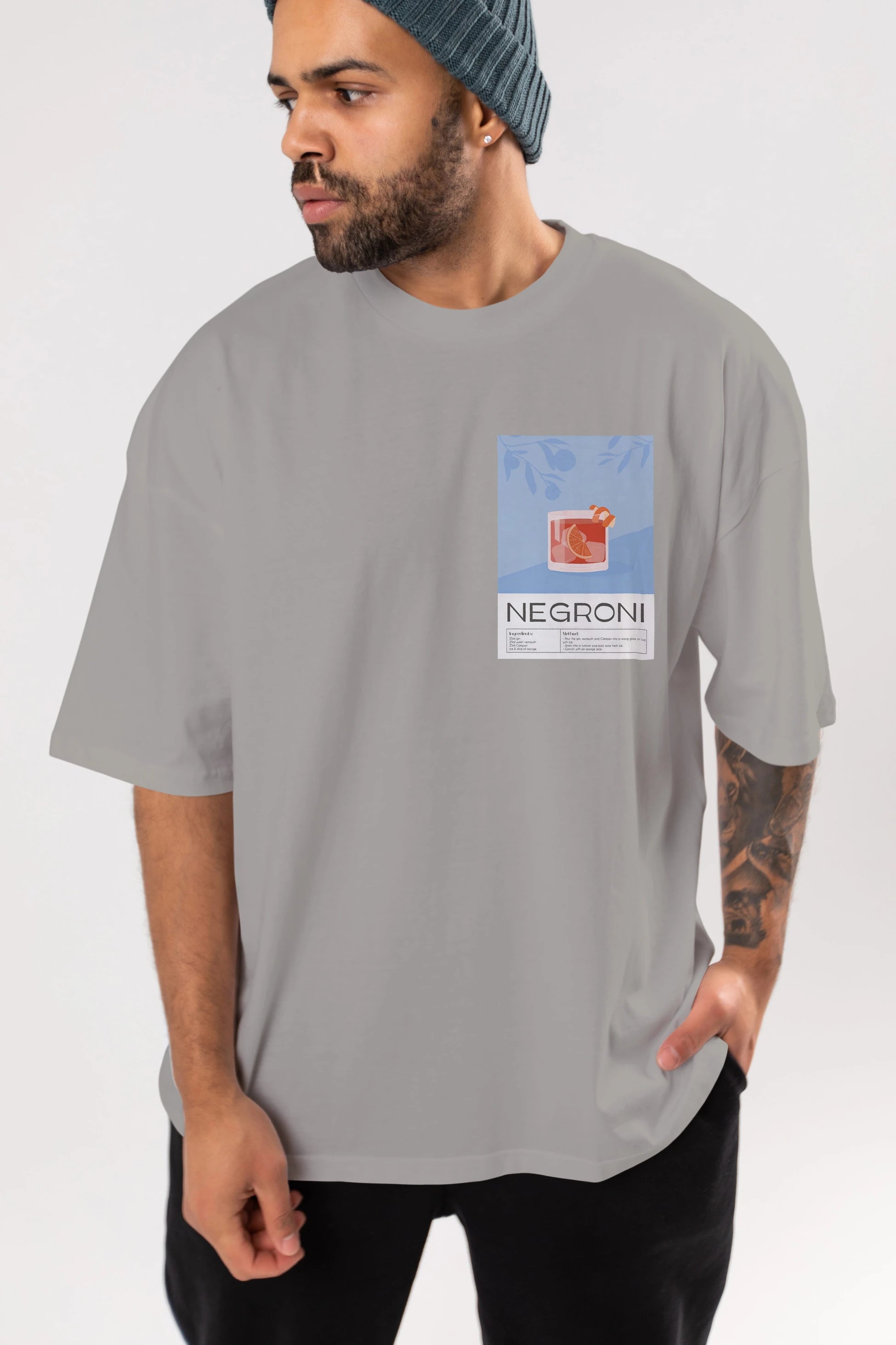Negroni Ön Sol Baskılı Oversize t-shirt Erkek Kadın Unisex %100 Pamuk Bisiklet Yaka tişort