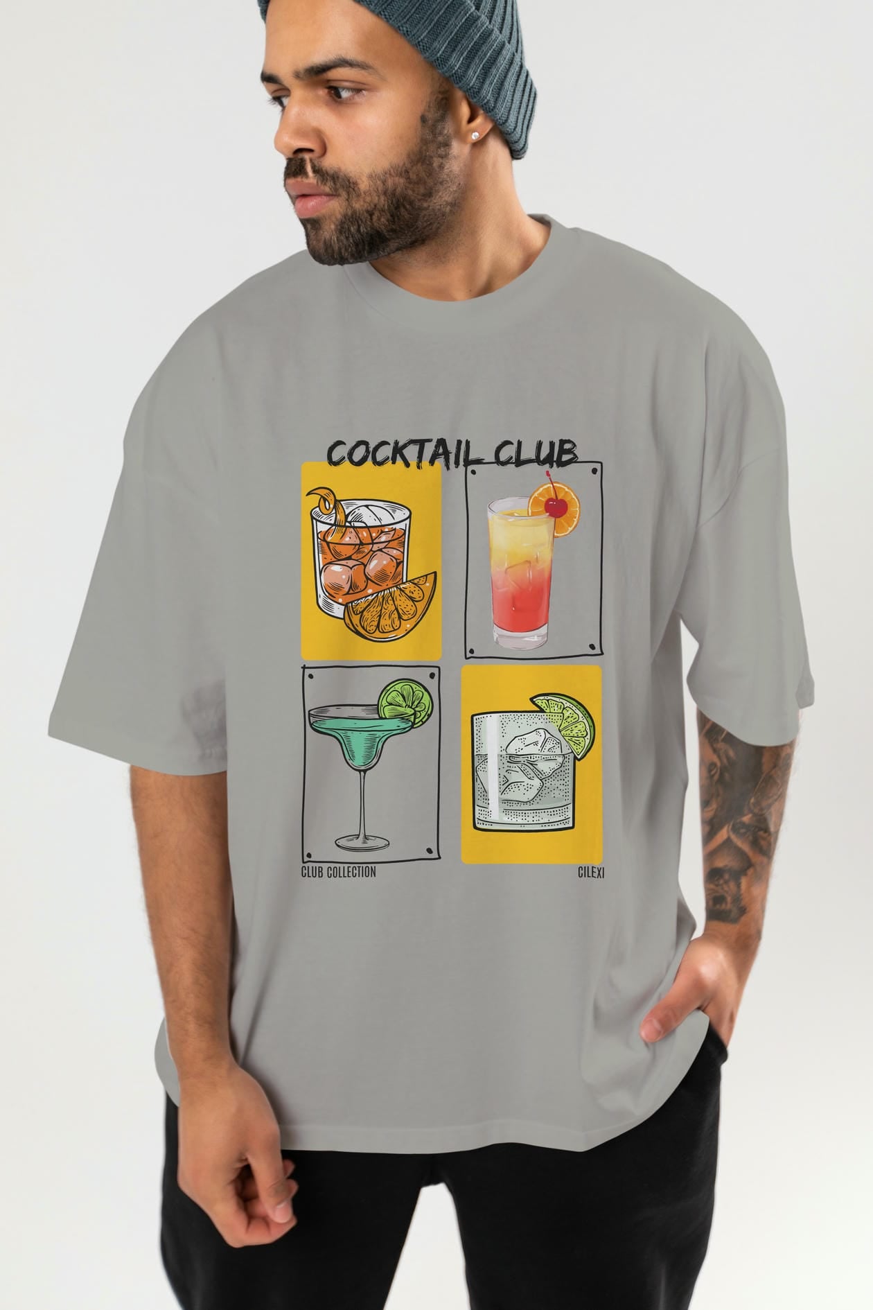 Cocktail Club ön Baskılı Oversize t-shirt Erkek Kadın %100 Pamuk Bisiklet Yaka tişort