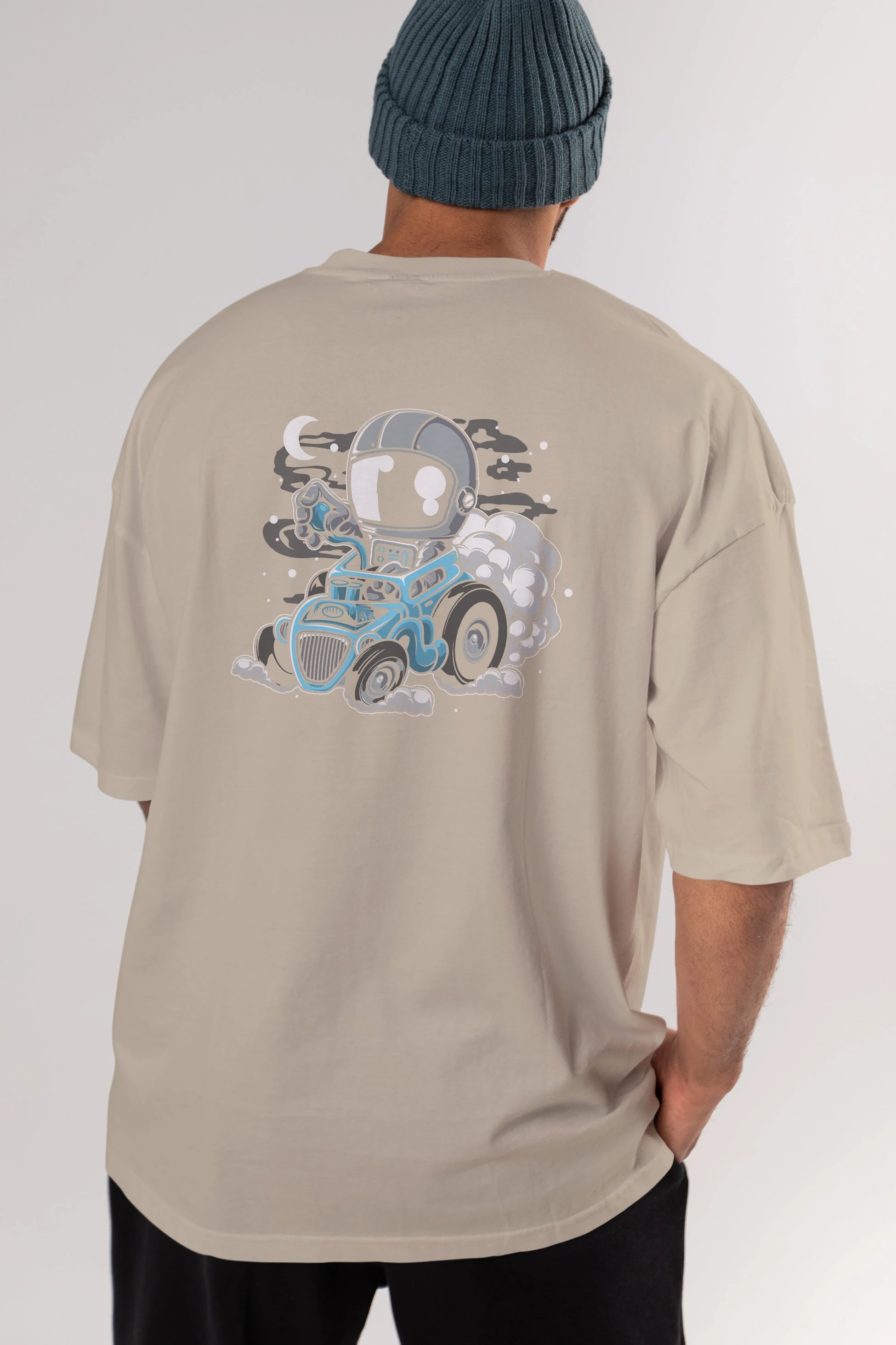 Astronaut Hotrod Arka Baskılı Oversize t-shirt Erkek Kadın Unisex