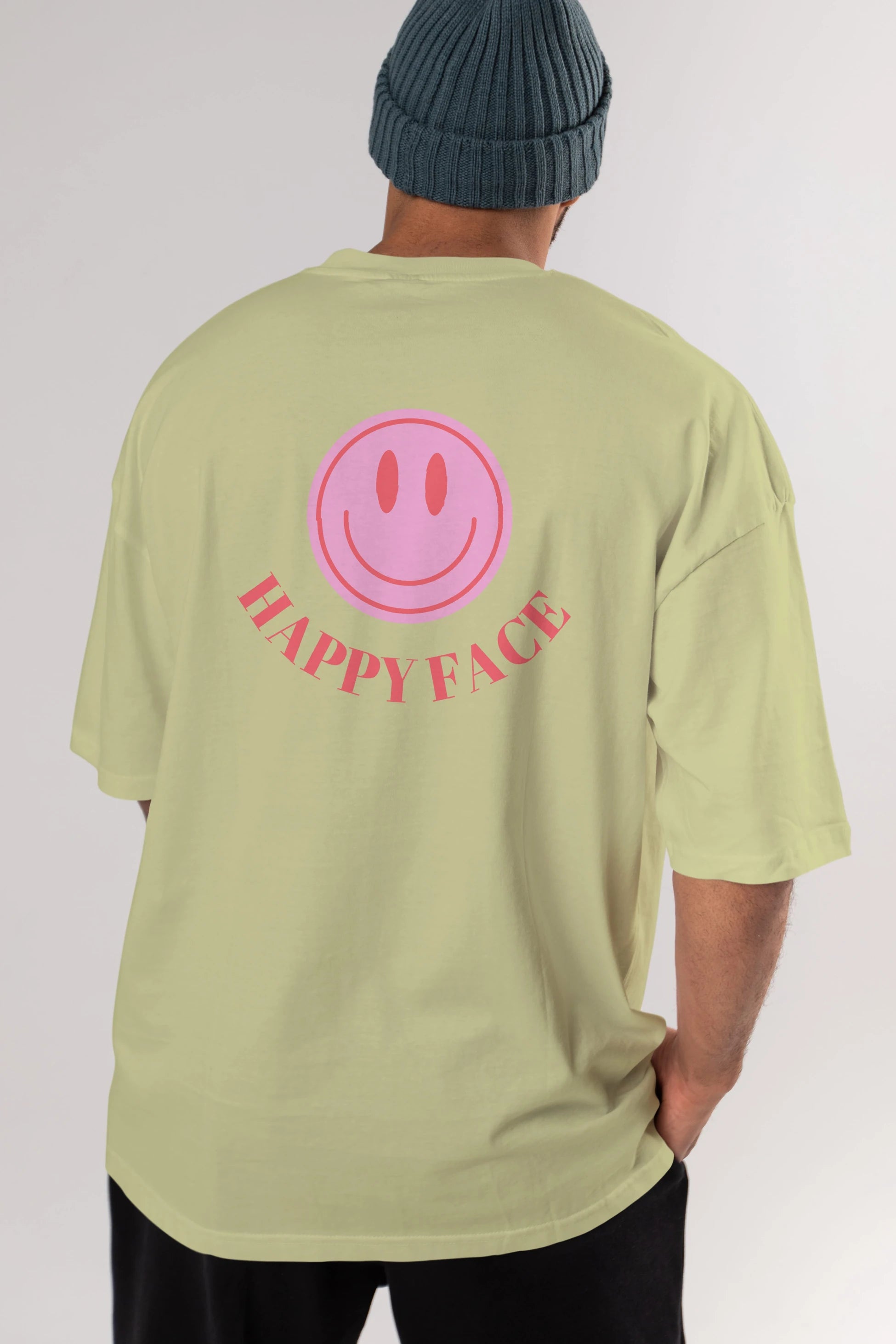 Happy Face Yazılı Arka Baskılı Oversize t-shirt Erkek Kadın Unisex
