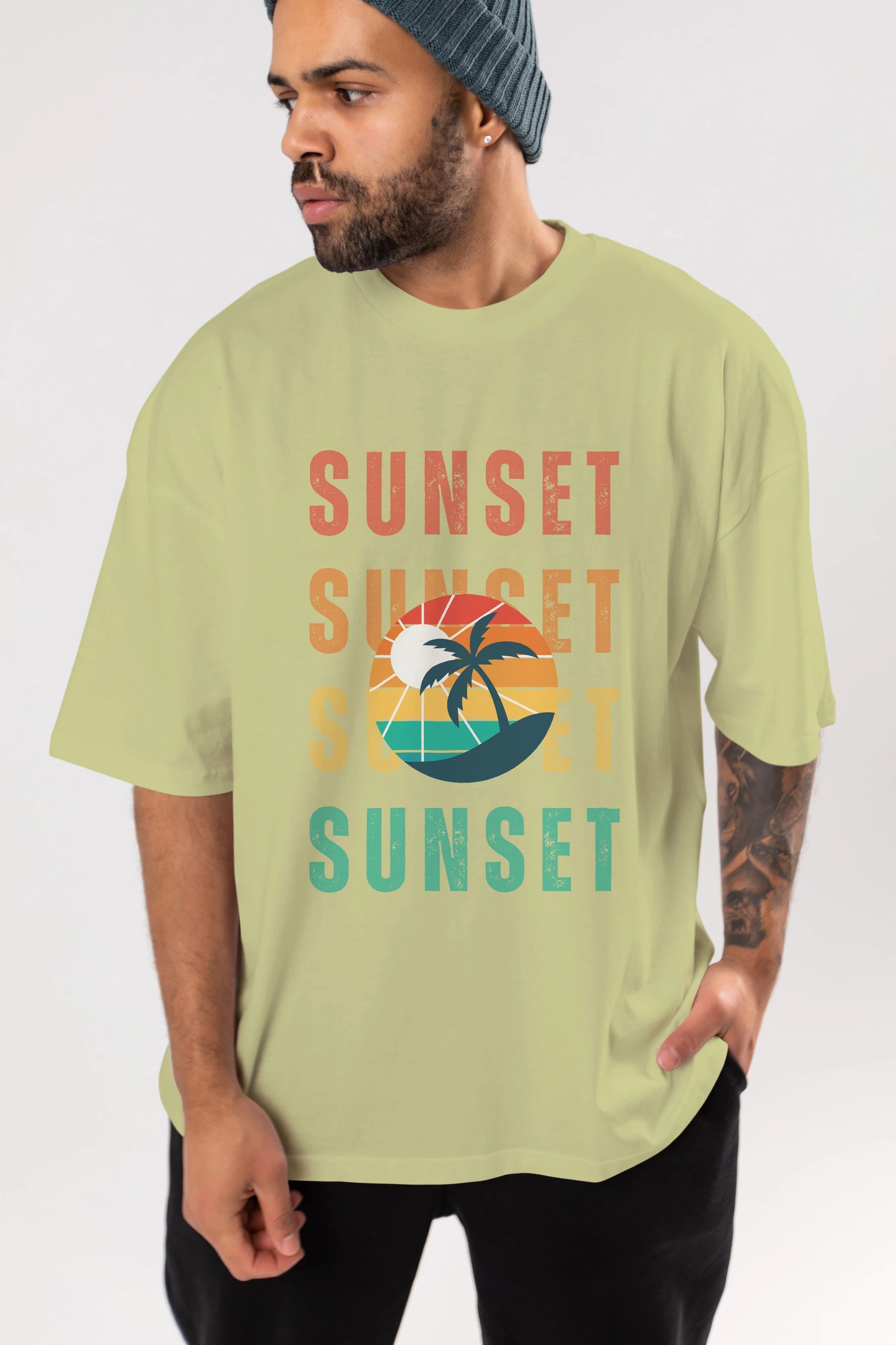 Sunset Yazılı Ön Baskılı Oversize t-shirt Erkek Kadın Unisex