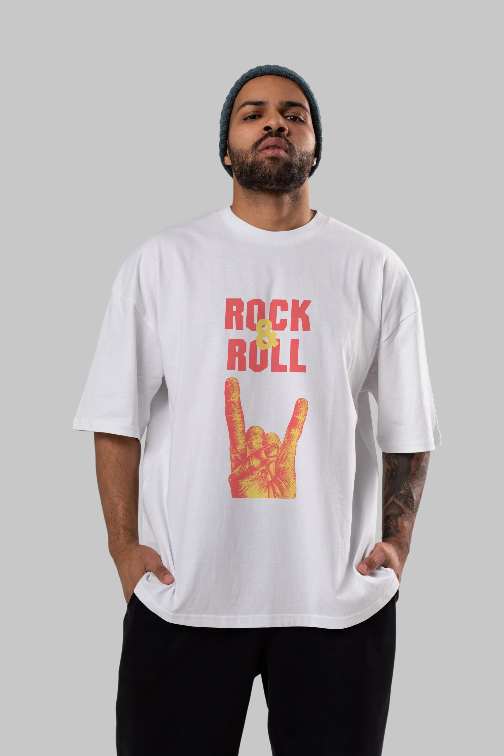 Rock & Roll Yazılı Ön Baskılı Oversize t-shirt Erkek Kadın Unisex